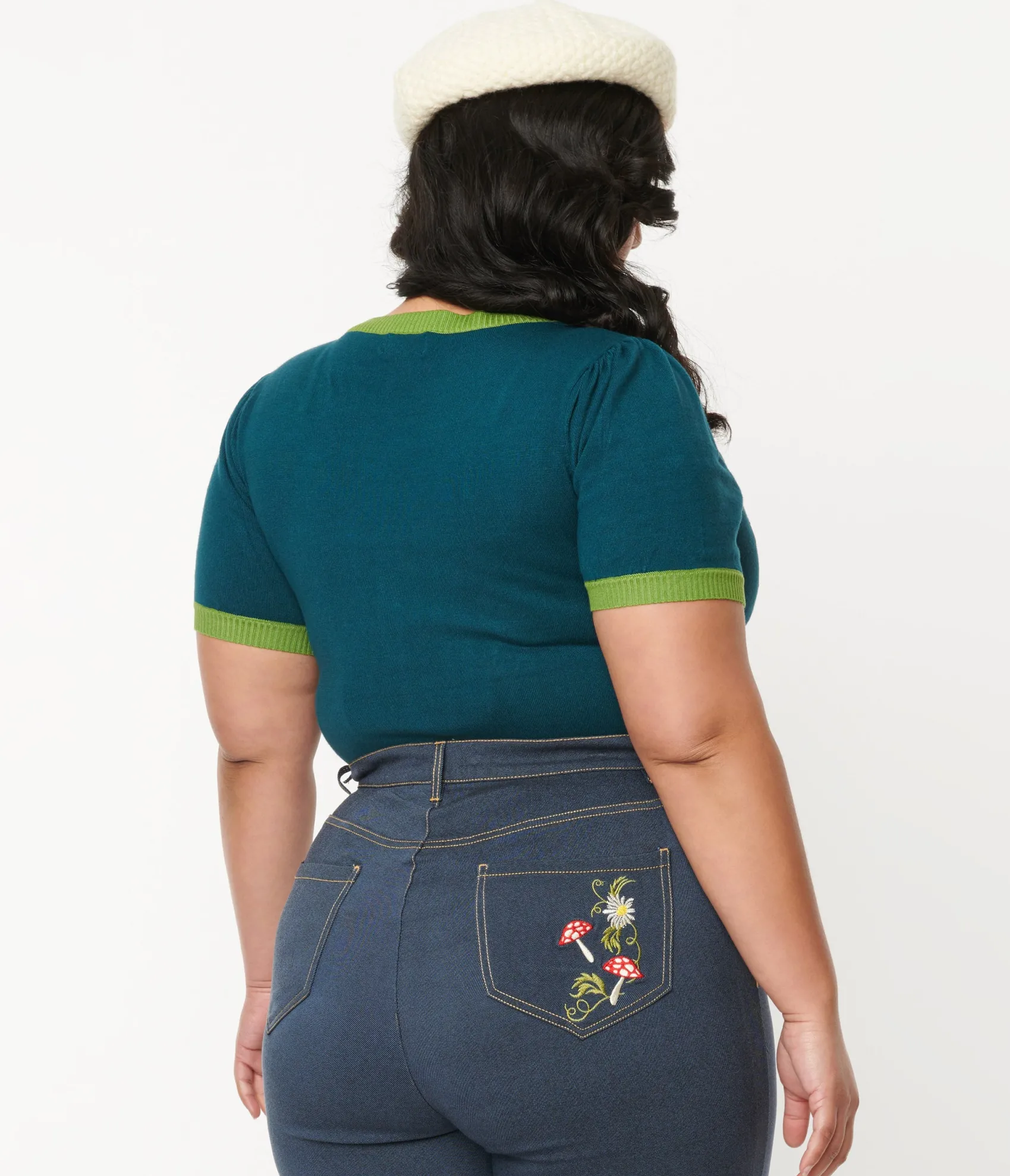 Unique Vintage Plus Size Teal Mushroom & Daisy Embroidered Cardigan Sale