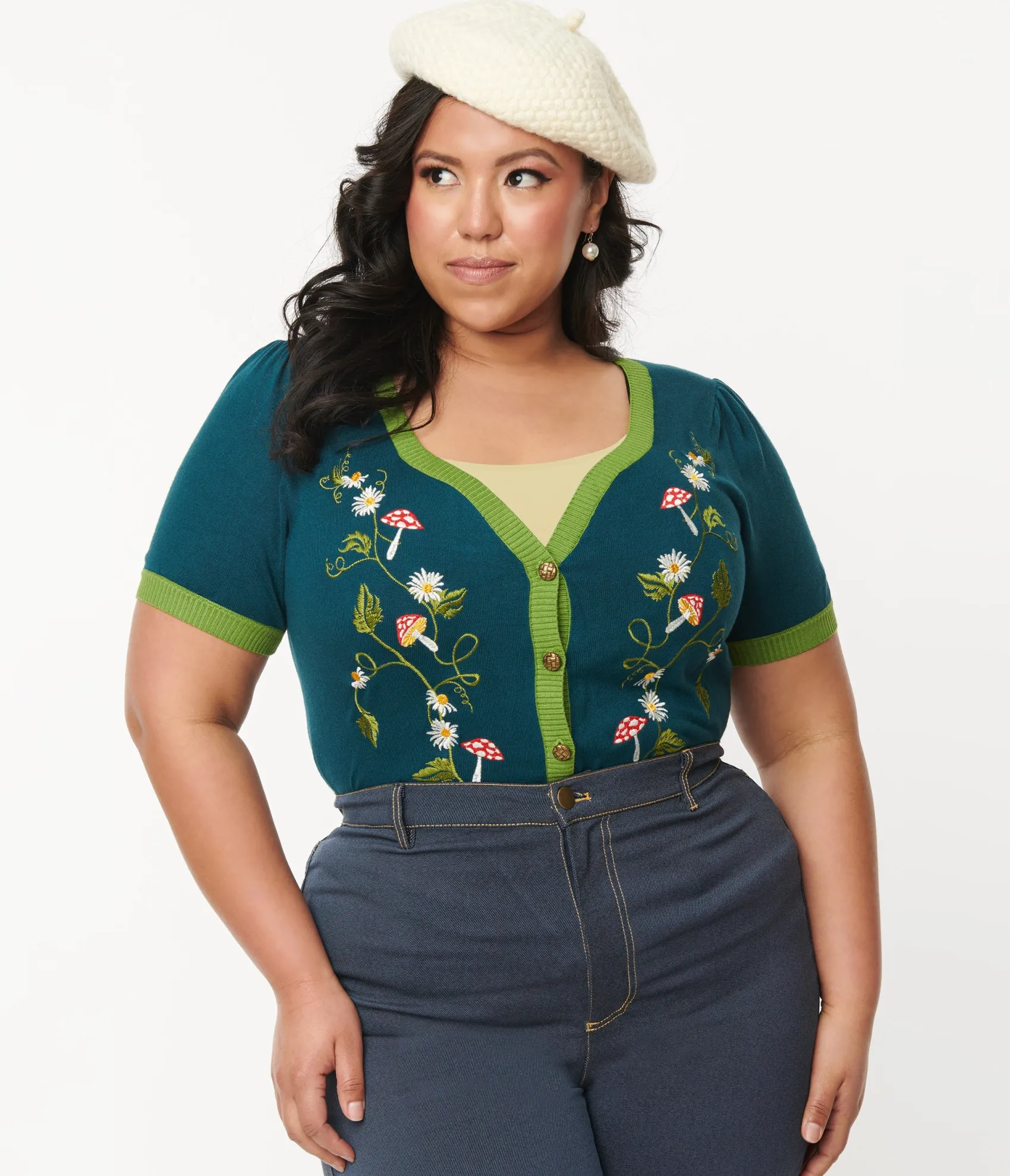 Unique Vintage Plus Size Teal Mushroom & Daisy Embroidered Cardigan Sale