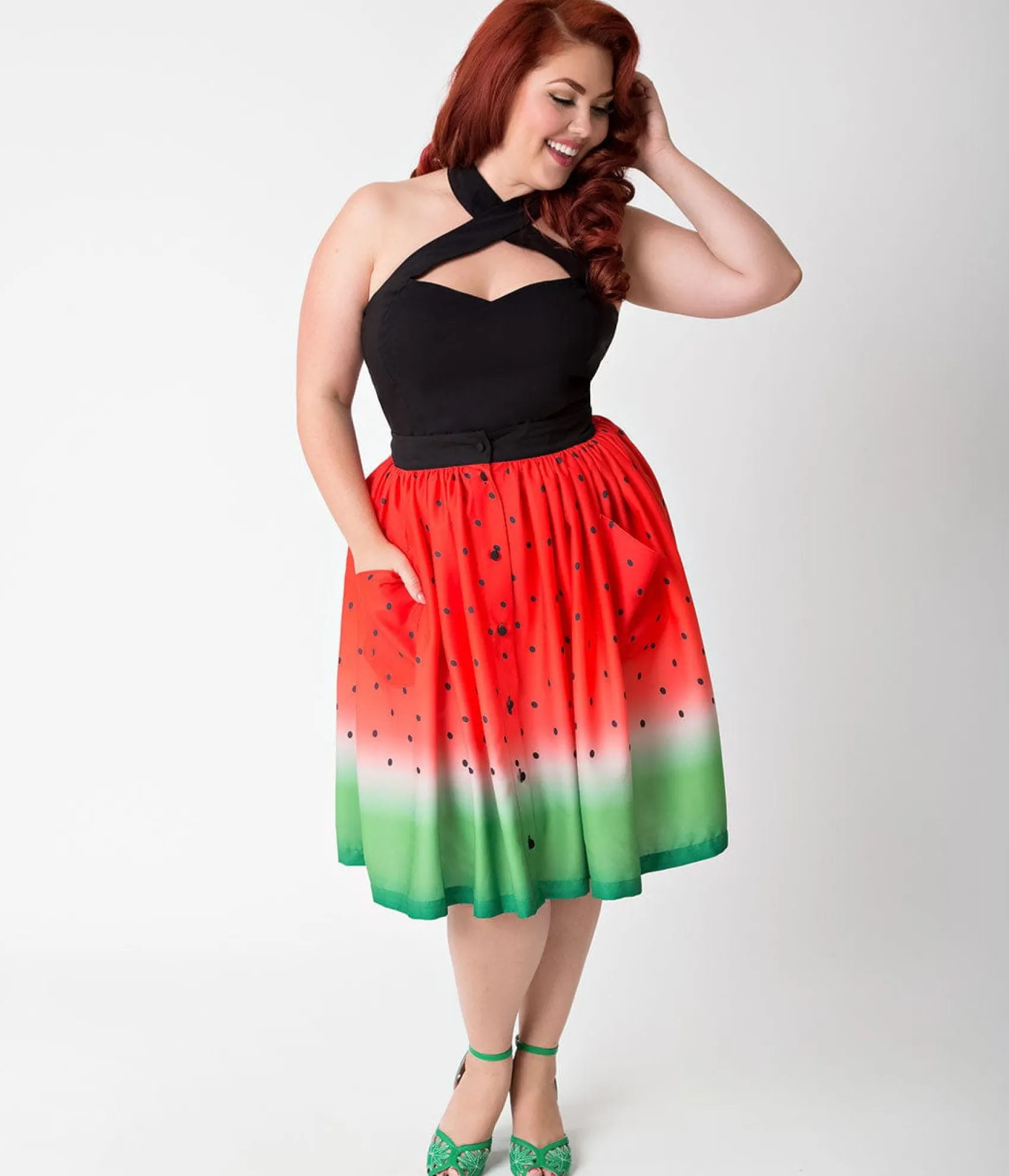 Unique Vintage Plus Size Watermelon Ombre Button Up Elora Swing Skirt Online