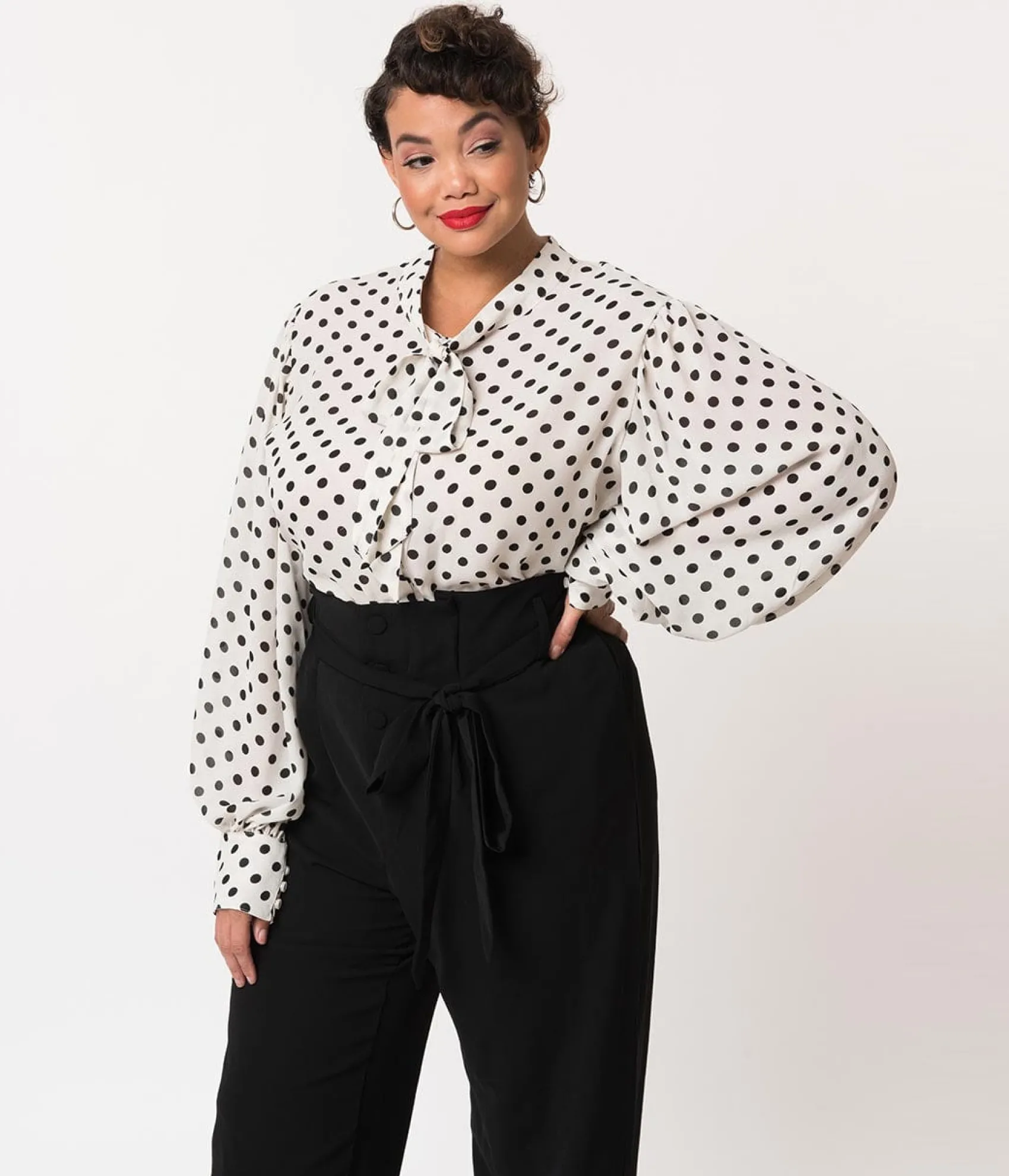 Unique Vintage Plus Size White & Black Polka Dot Neck Tie Gwen Blouse Store