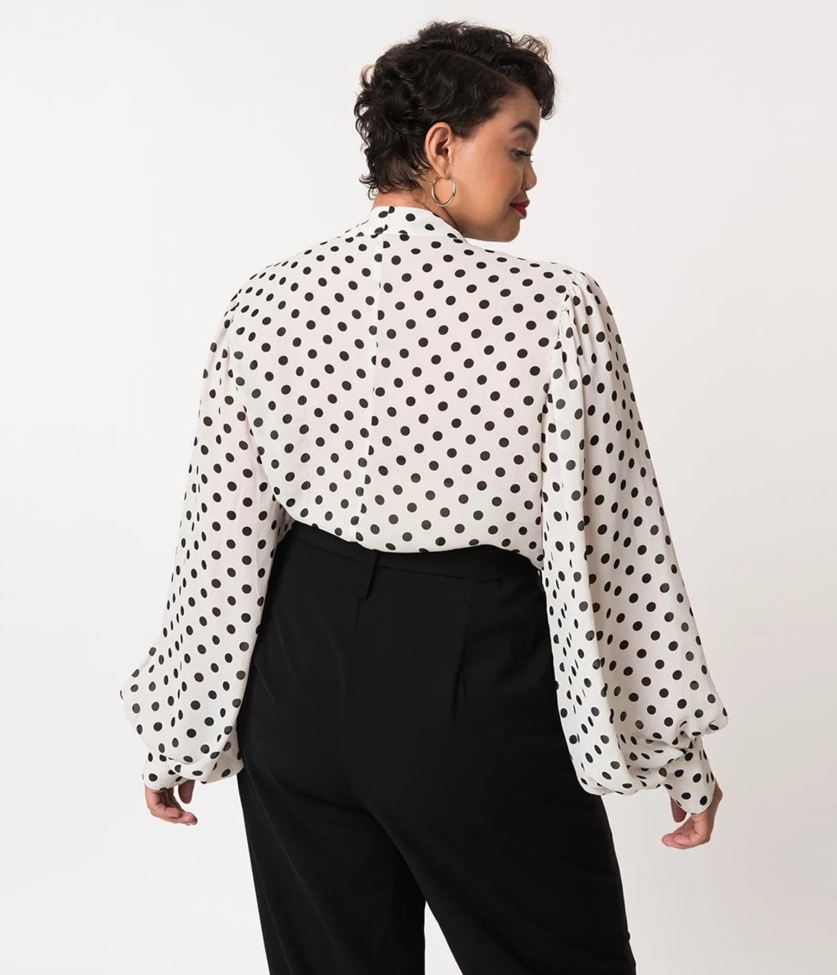 Unique Vintage Plus Size White & Black Polka Dot Neck Tie Gwen Blouse Store