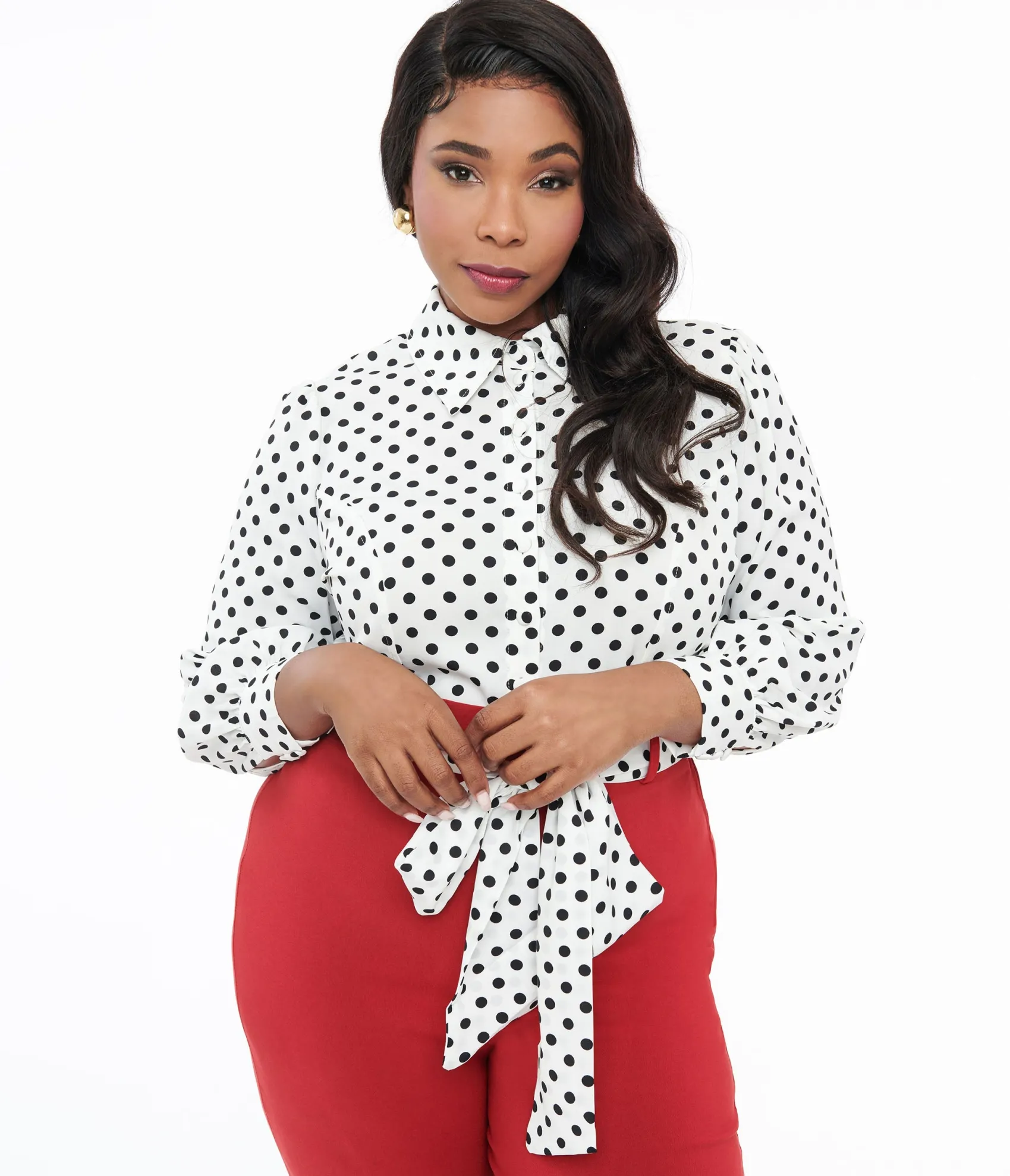 Unique Vintage Plus Size White & Black Polka Sashed Bodysuit Best Sale