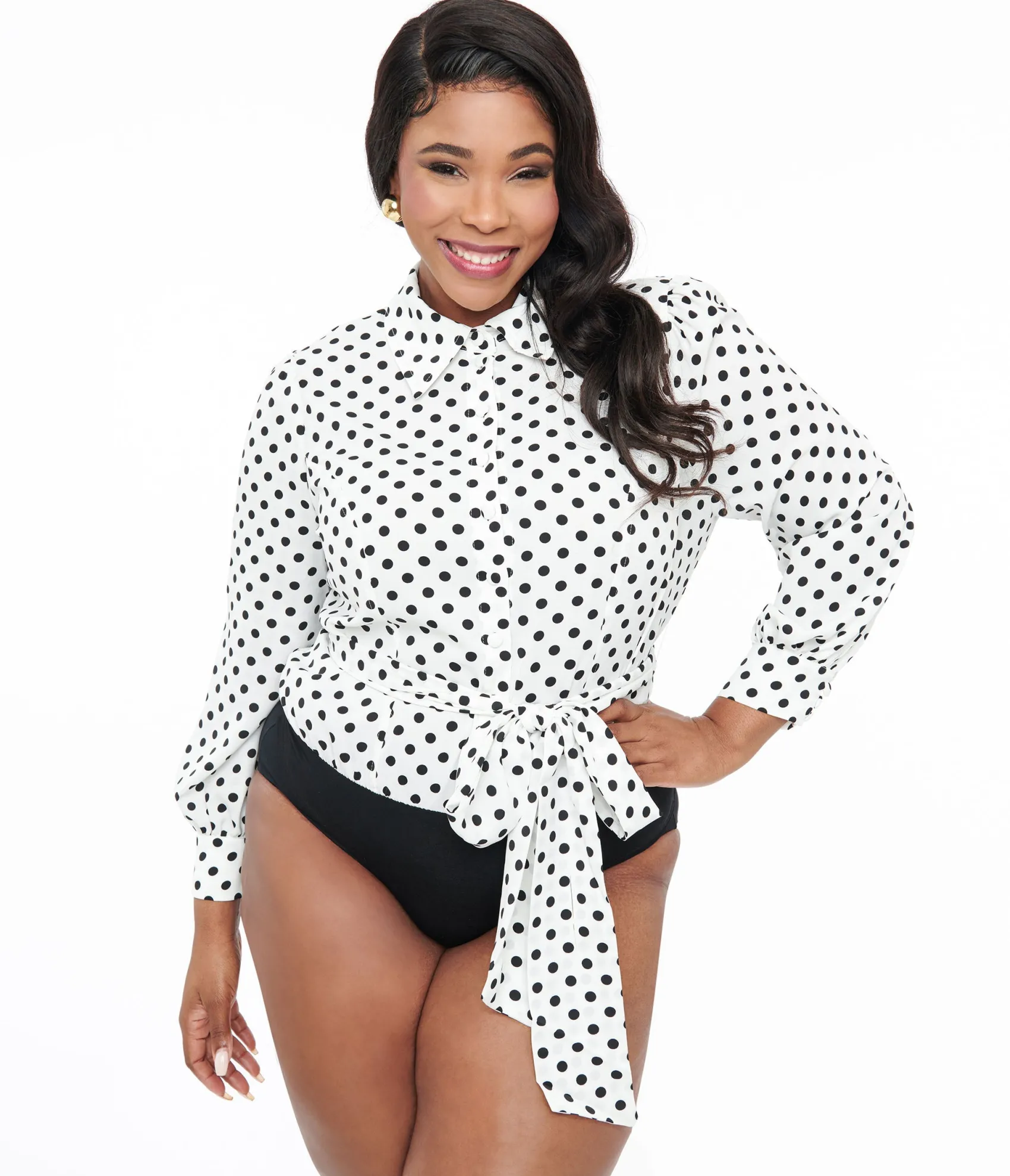 Unique Vintage Plus Size White & Black Polka Sashed Bodysuit Best Sale