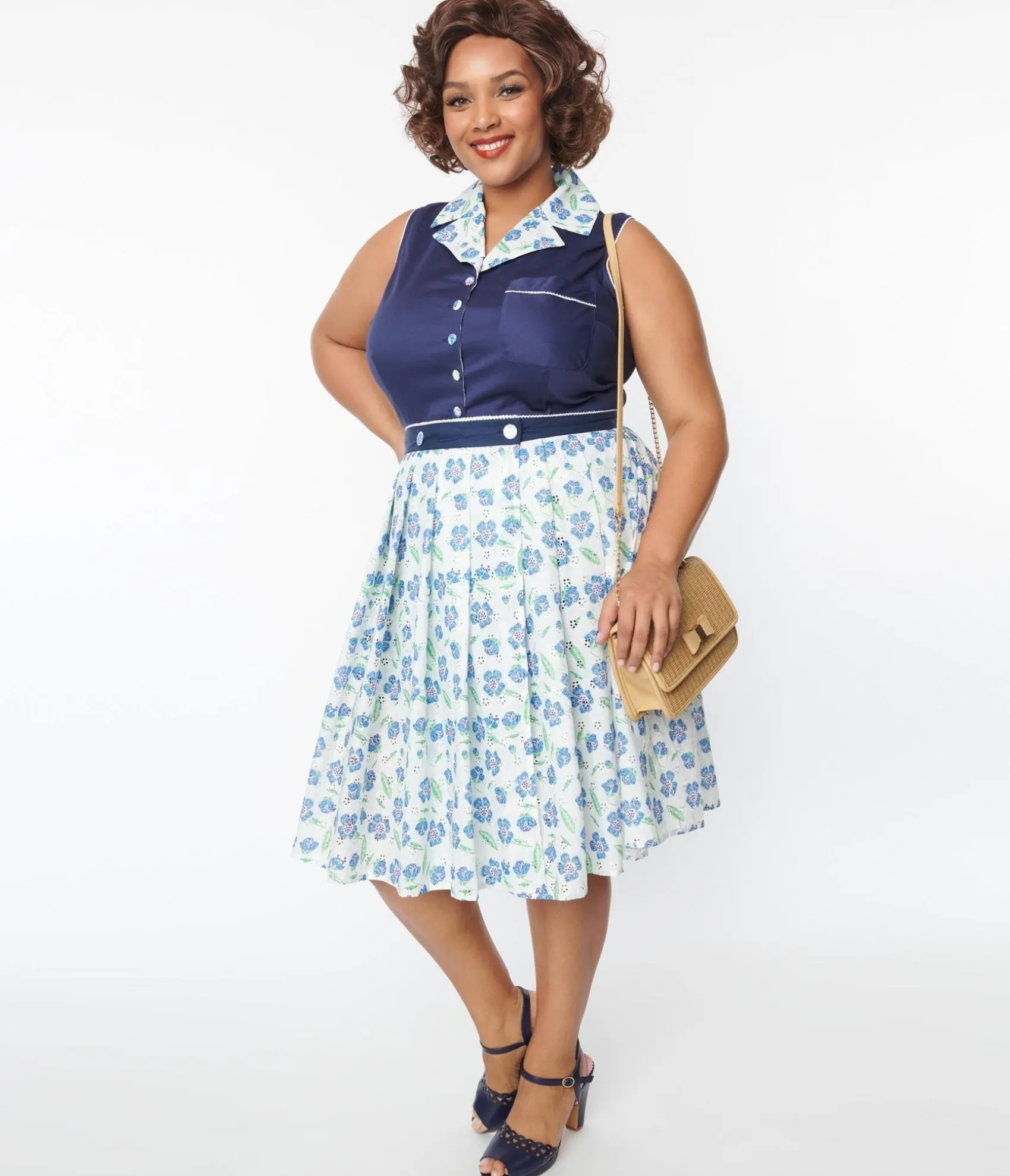 Unique Vintage Plus Size White & Blue Floral Eyelet Collins Wrap Swing Skirt Online