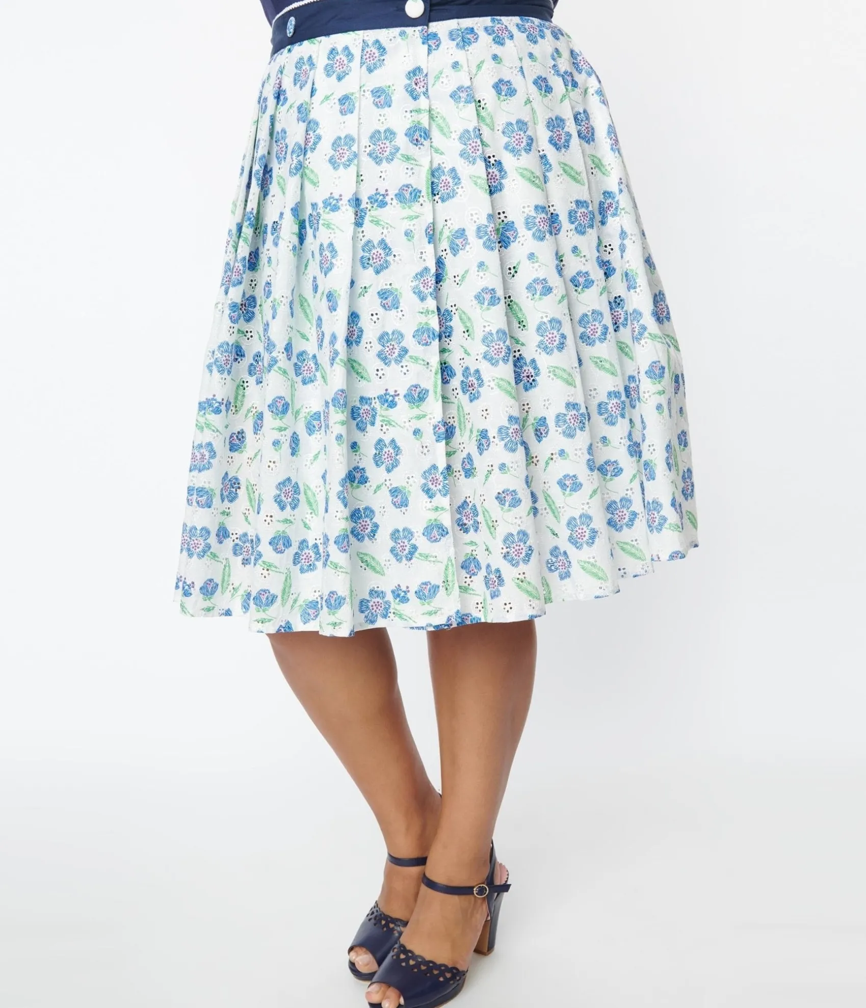 Unique Vintage Plus Size White & Blue Floral Eyelet Collins Wrap Swing Skirt Online