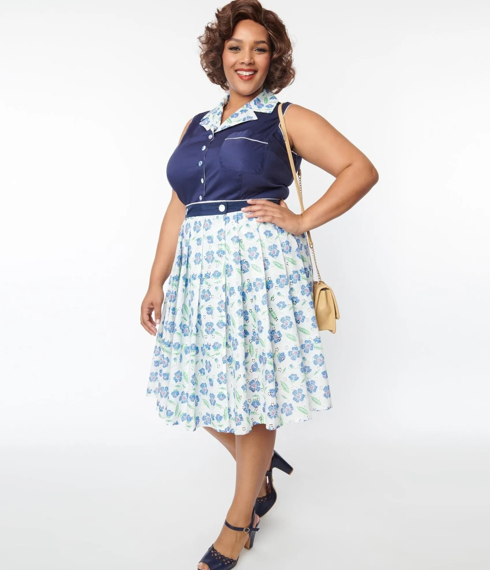 Unique Vintage Plus Size White & Blue Floral Eyelet Collins Wrap Swing Skirt Online