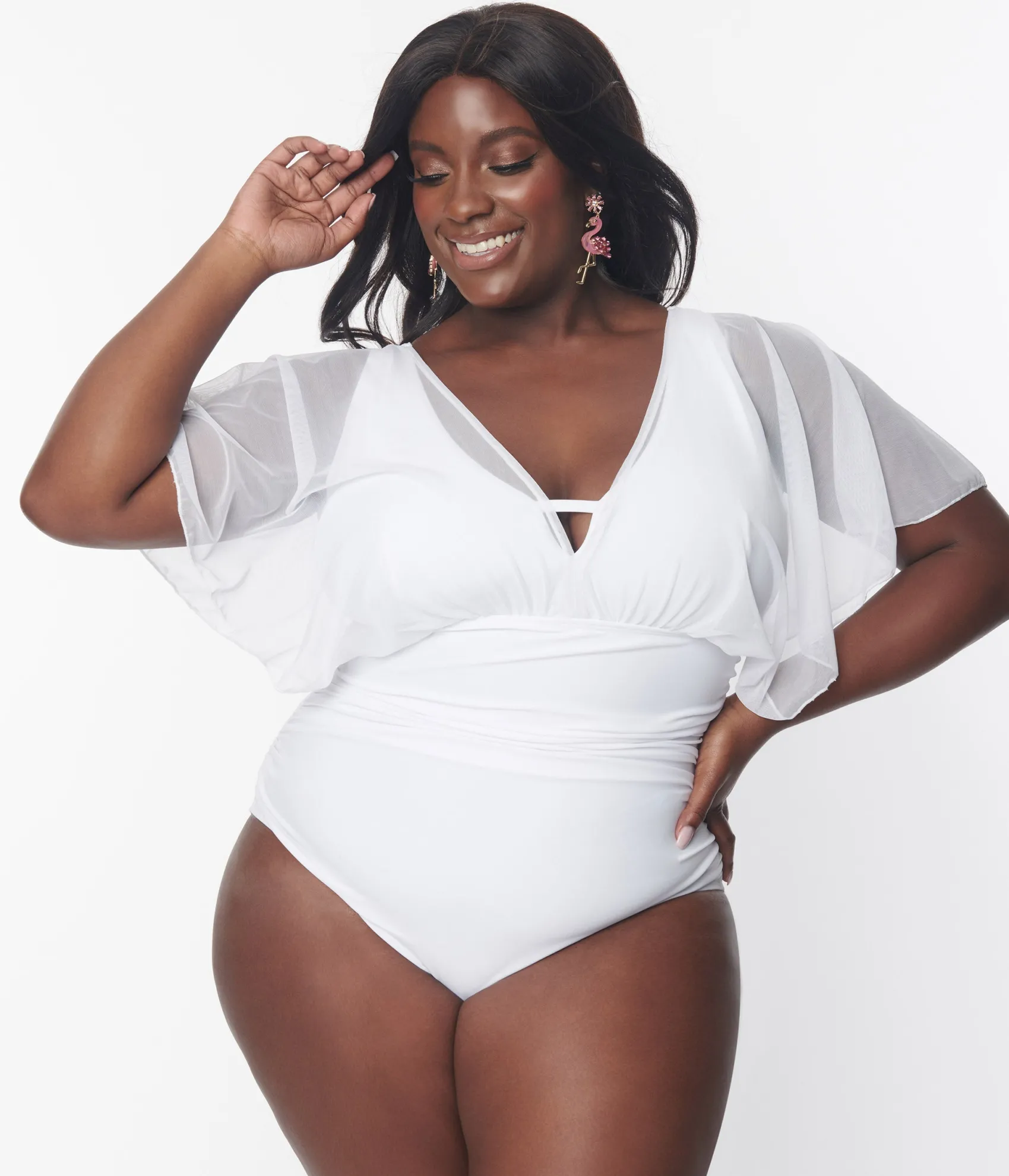 Unique Vintage Plus Size White Mesh Sleeved Torrey Swimsuit Clearance