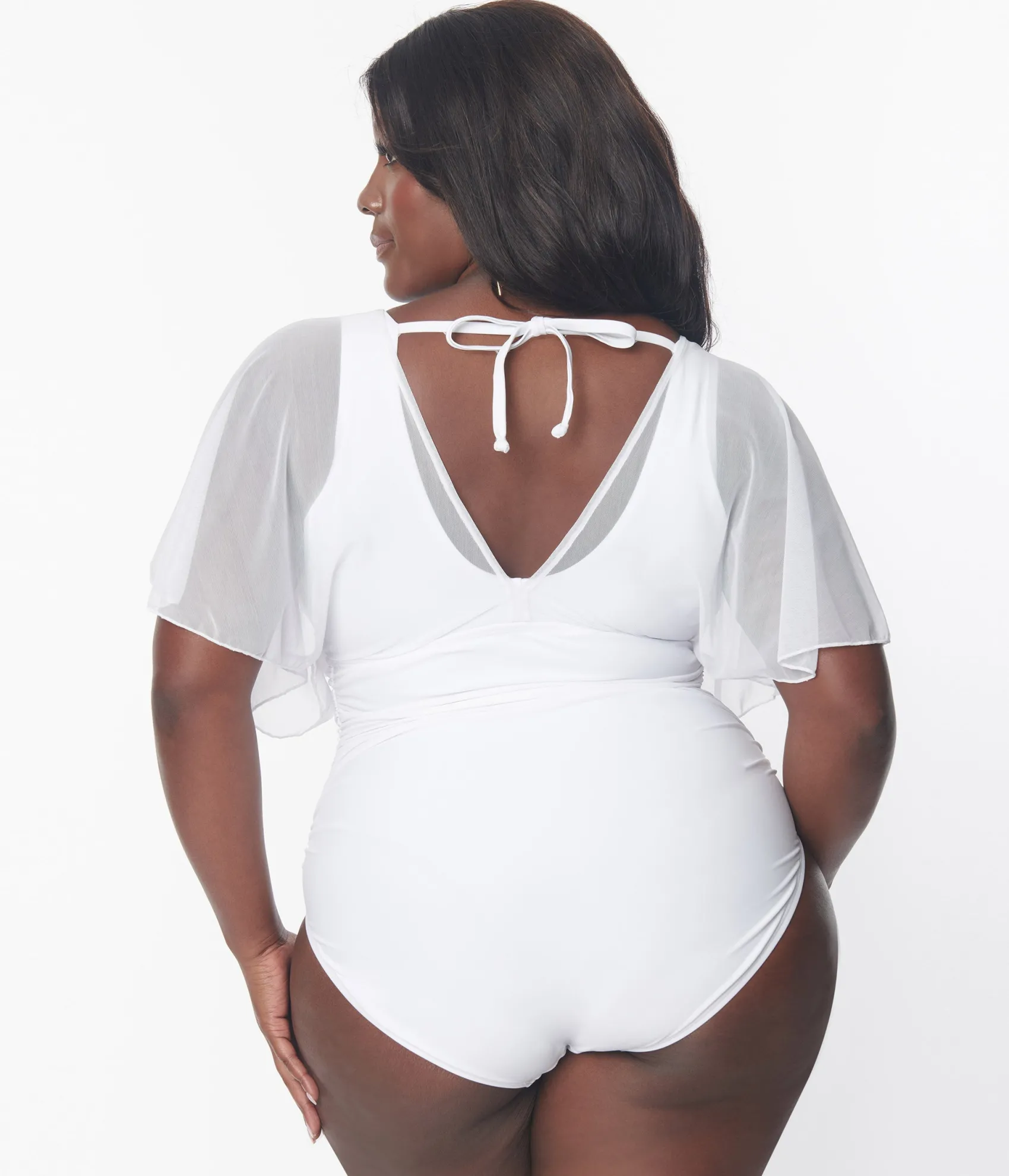 Unique Vintage Plus Size White Mesh Sleeved Torrey Swimsuit Clearance