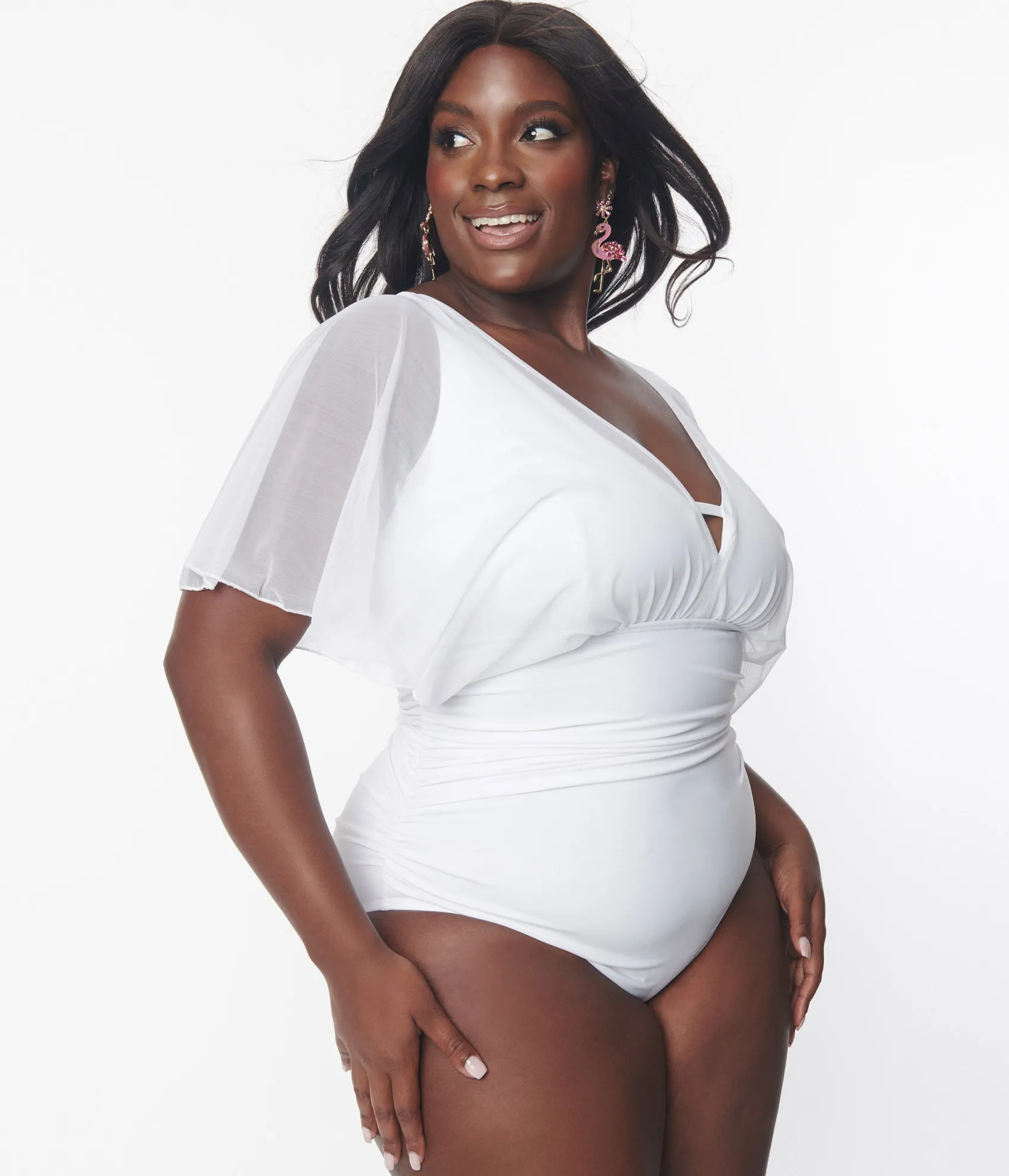 Unique Vintage Plus Size White Mesh Sleeved Torrey Swimsuit Clearance