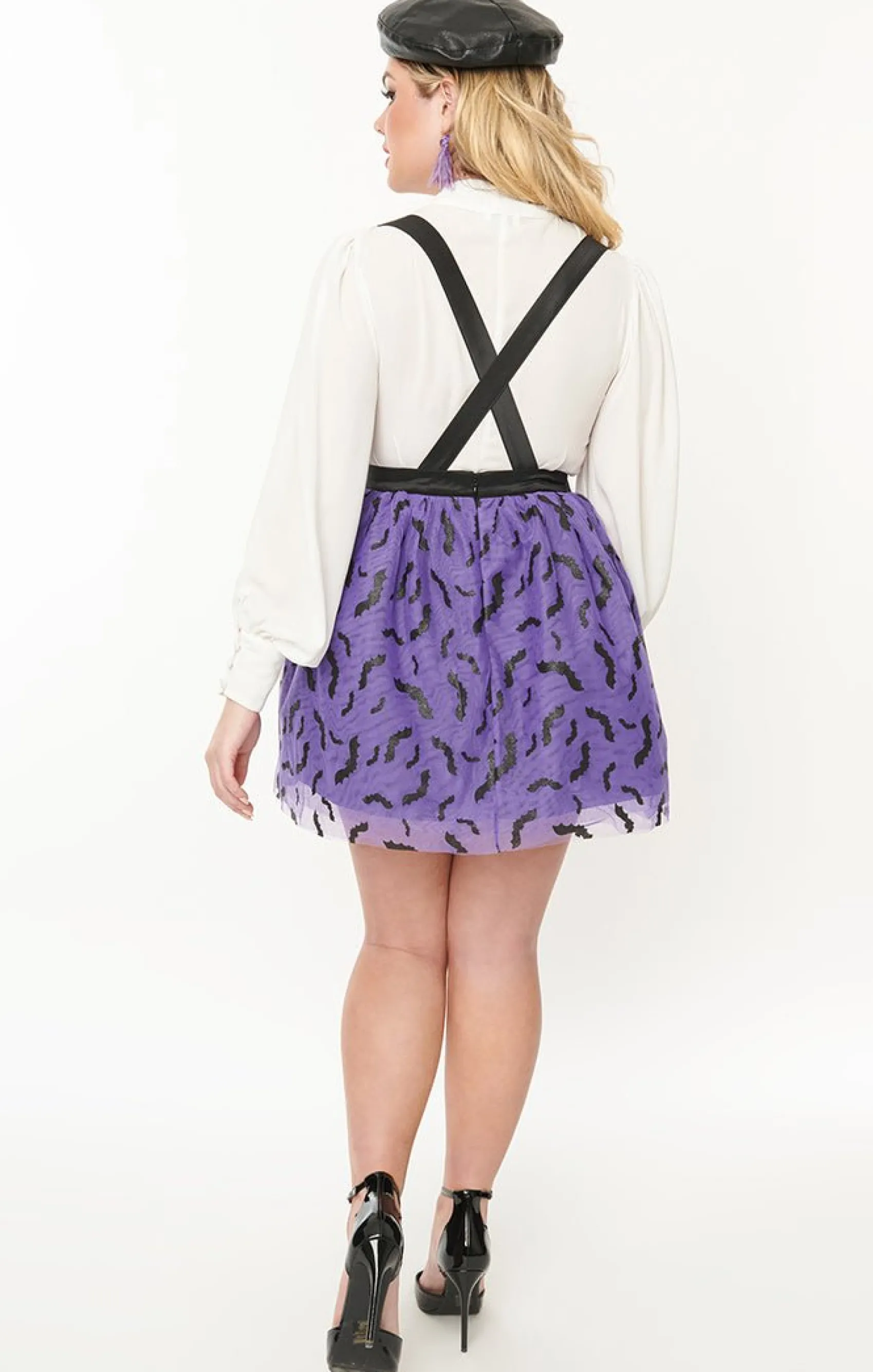 Unique Vintage Purple & Black Glitter Bat Print Tulle Suspender Mini Skirt Sale