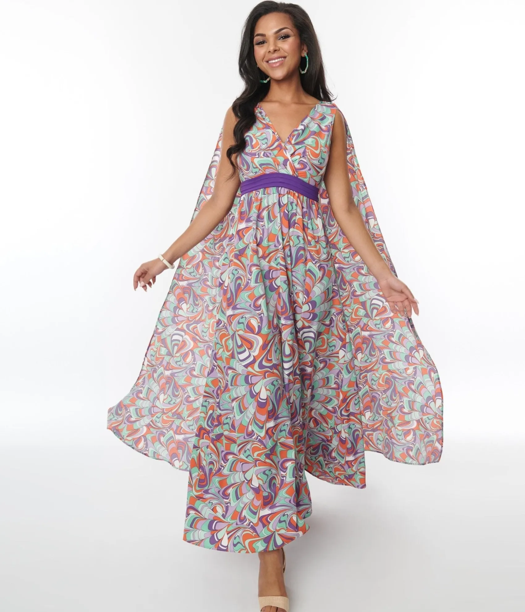 Unique Vintage Purple & Mint Psychedelic Wave Print Cape Maxi Dress Cheap