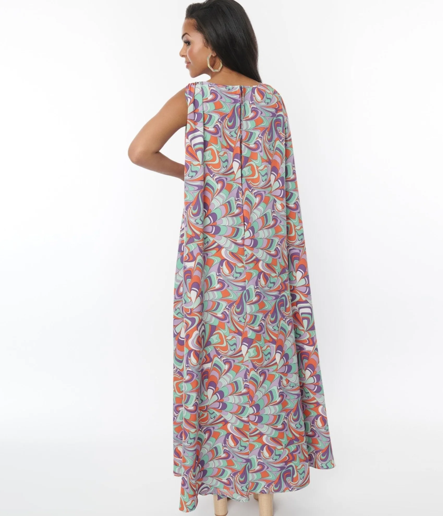 Unique Vintage Purple & Mint Psychedelic Wave Print Cape Maxi Dress Cheap