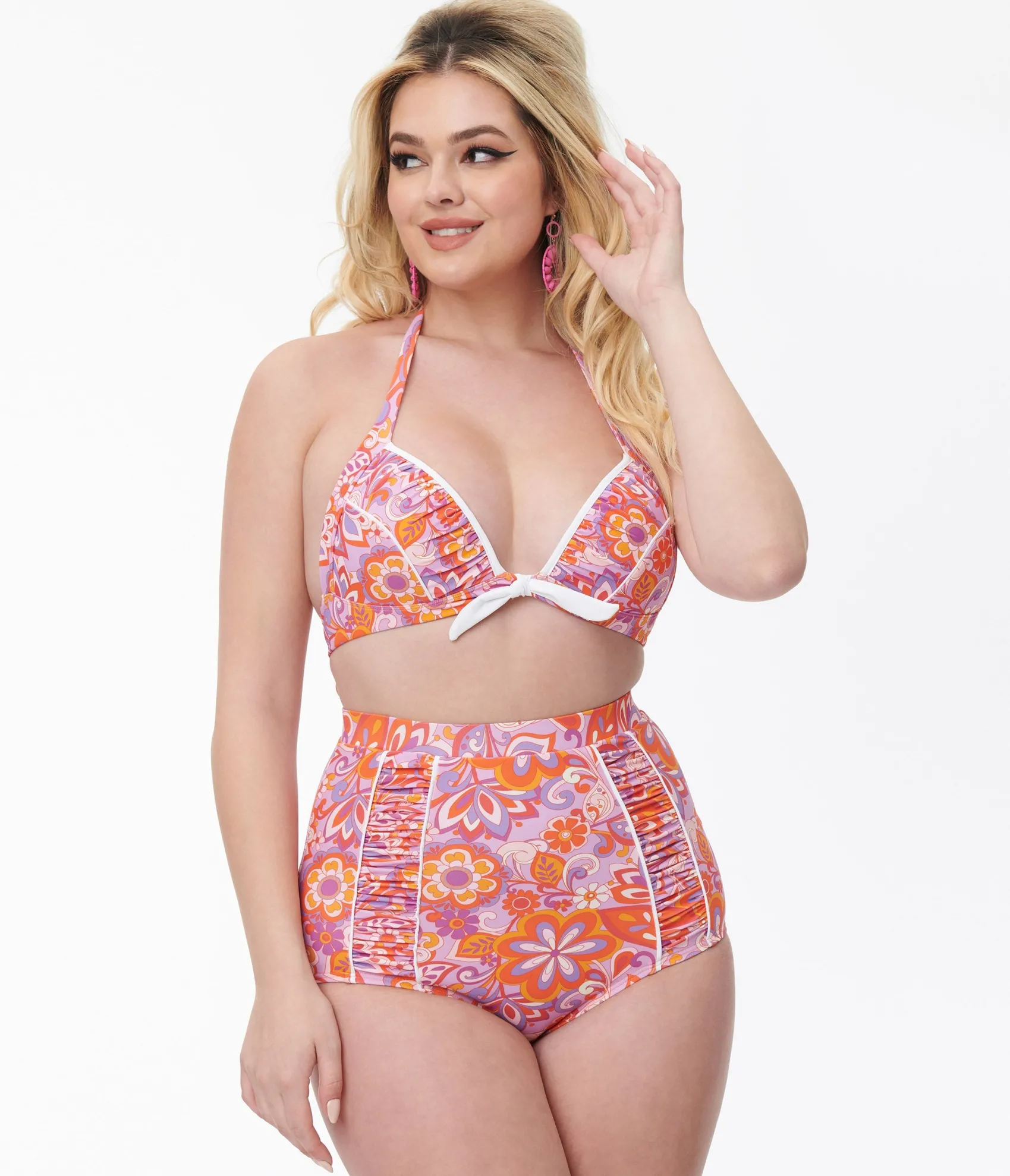 Unique Vintage Purple & Orange Bohemian Floral Print Halter Swim Top New