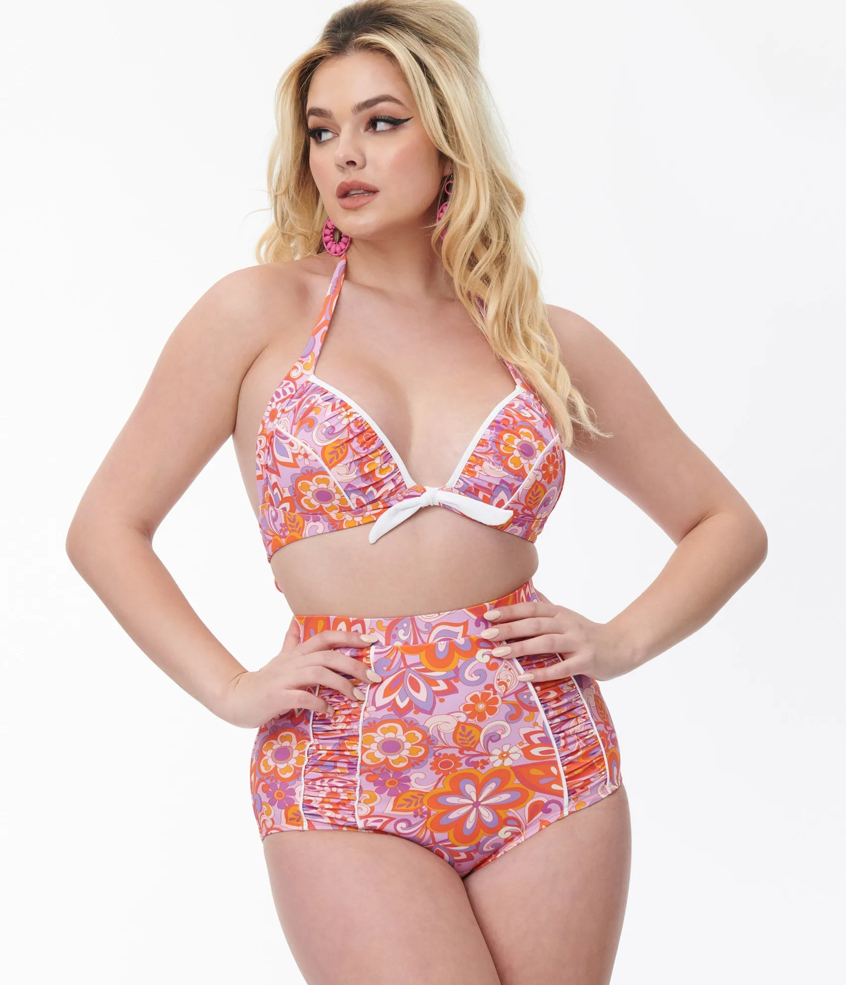 Unique Vintage Purple & Orange Bohemian Floral Print Halter Swim Top New