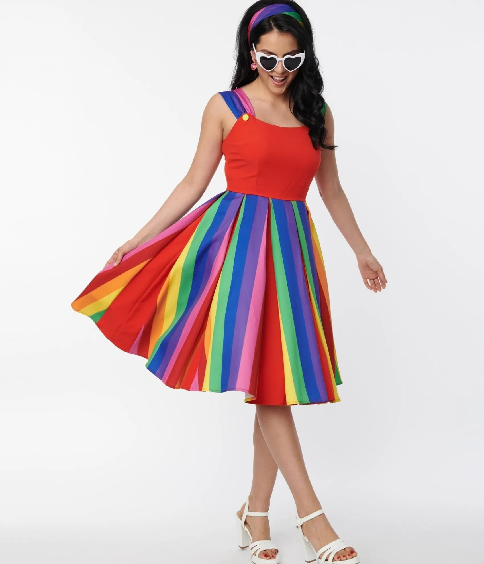 Unique Vintage Red & Rainbow Stripe Swing Dress Best Sale