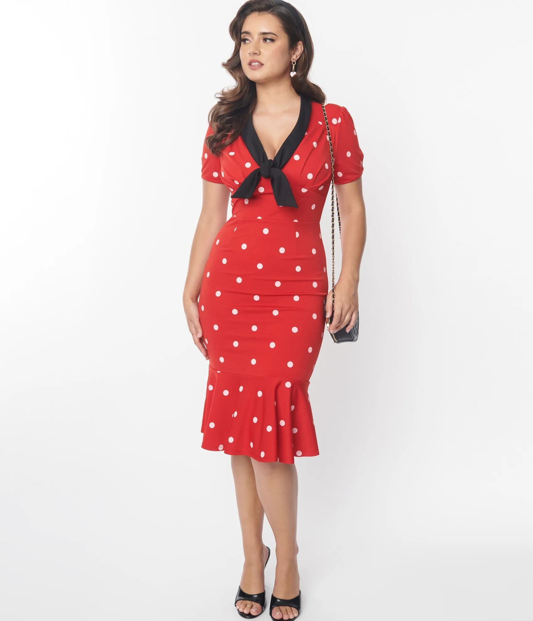 Unique Vintage Red & White Polka Dot Neck Tie Wiggle Dress Cheap