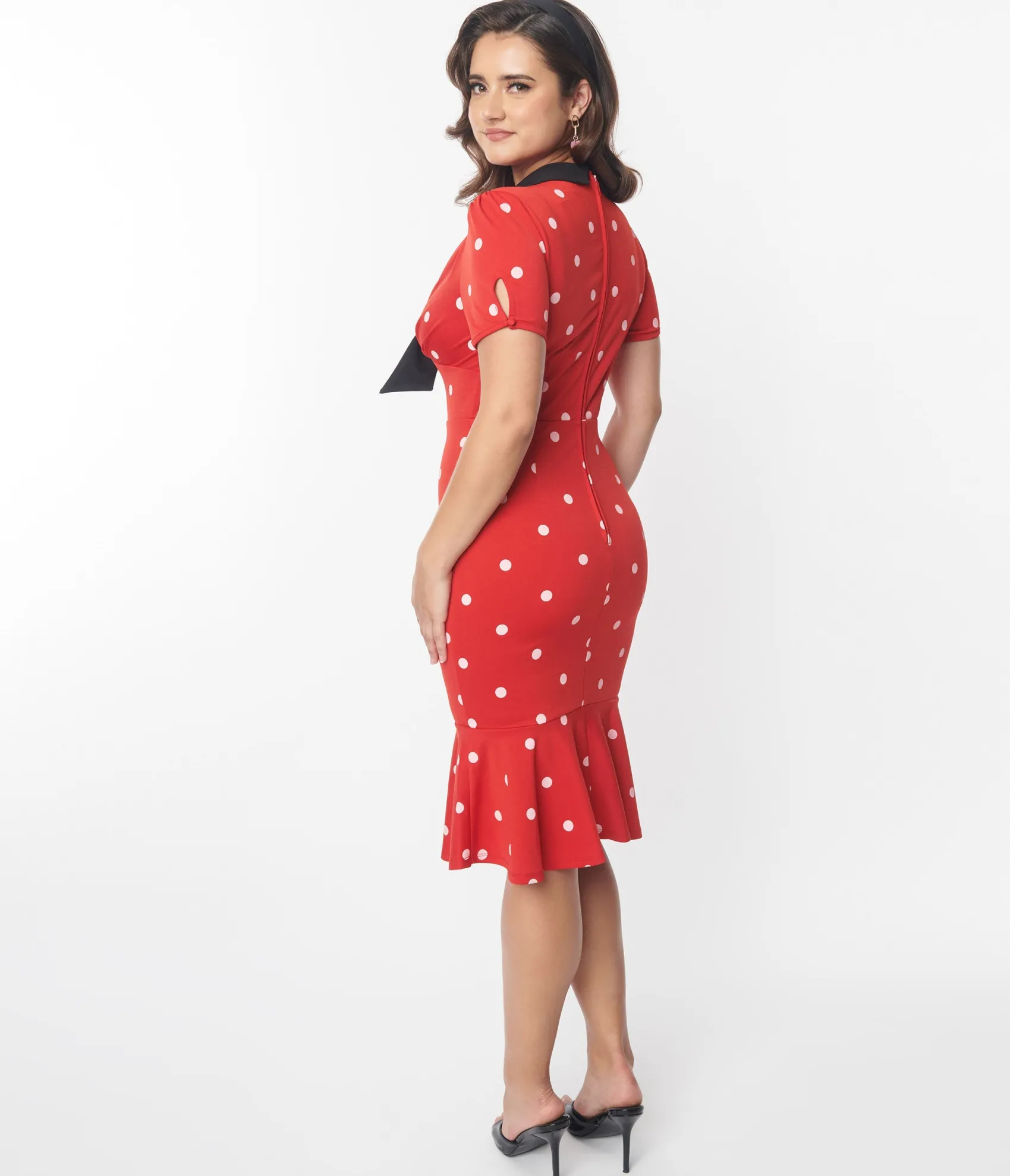 Unique Vintage Red & White Polka Dot Neck Tie Wiggle Dress Cheap