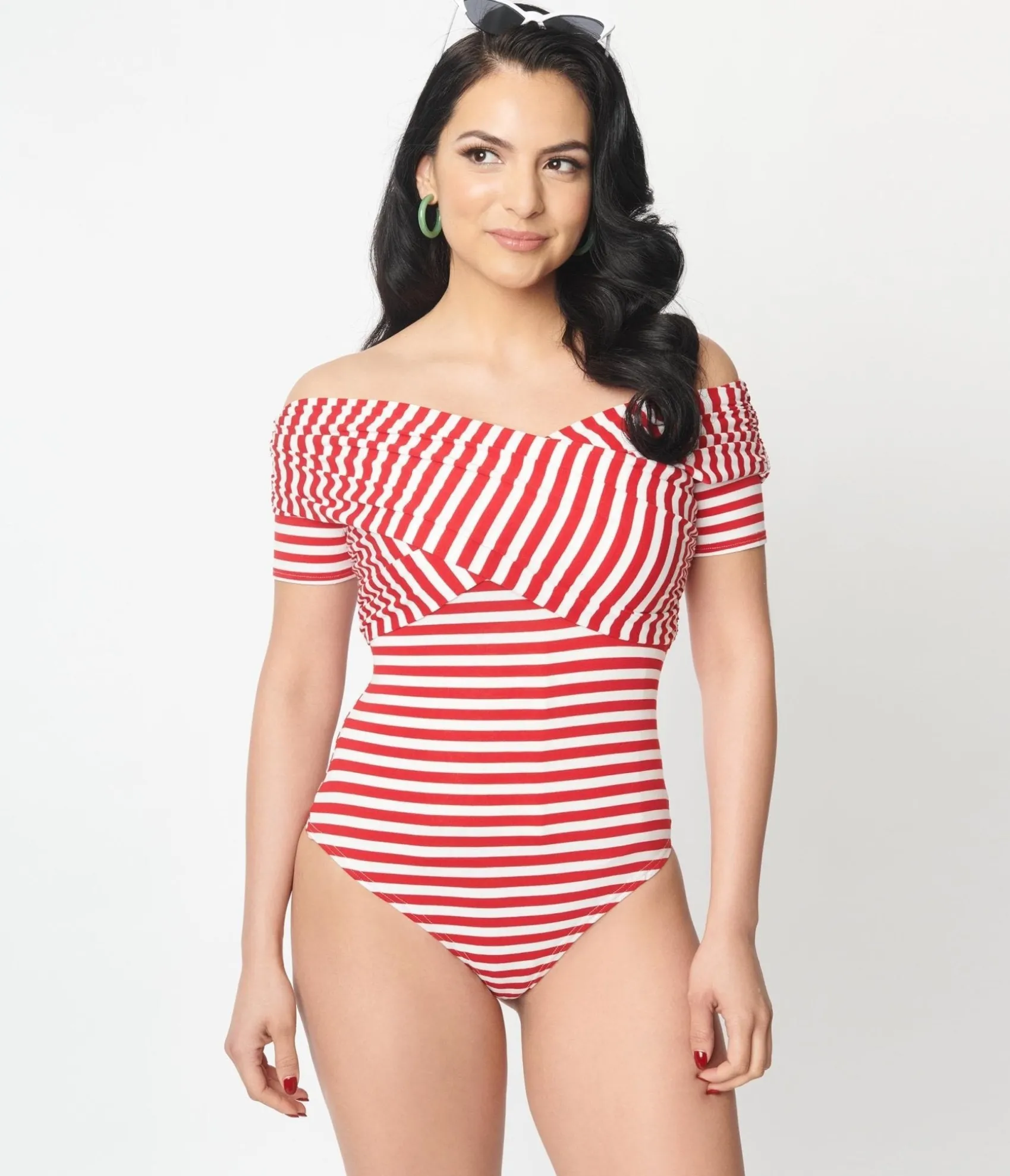 Unique Vintage Red & White Striped Off Shoulder Daydreamer Bodysuit Clearance