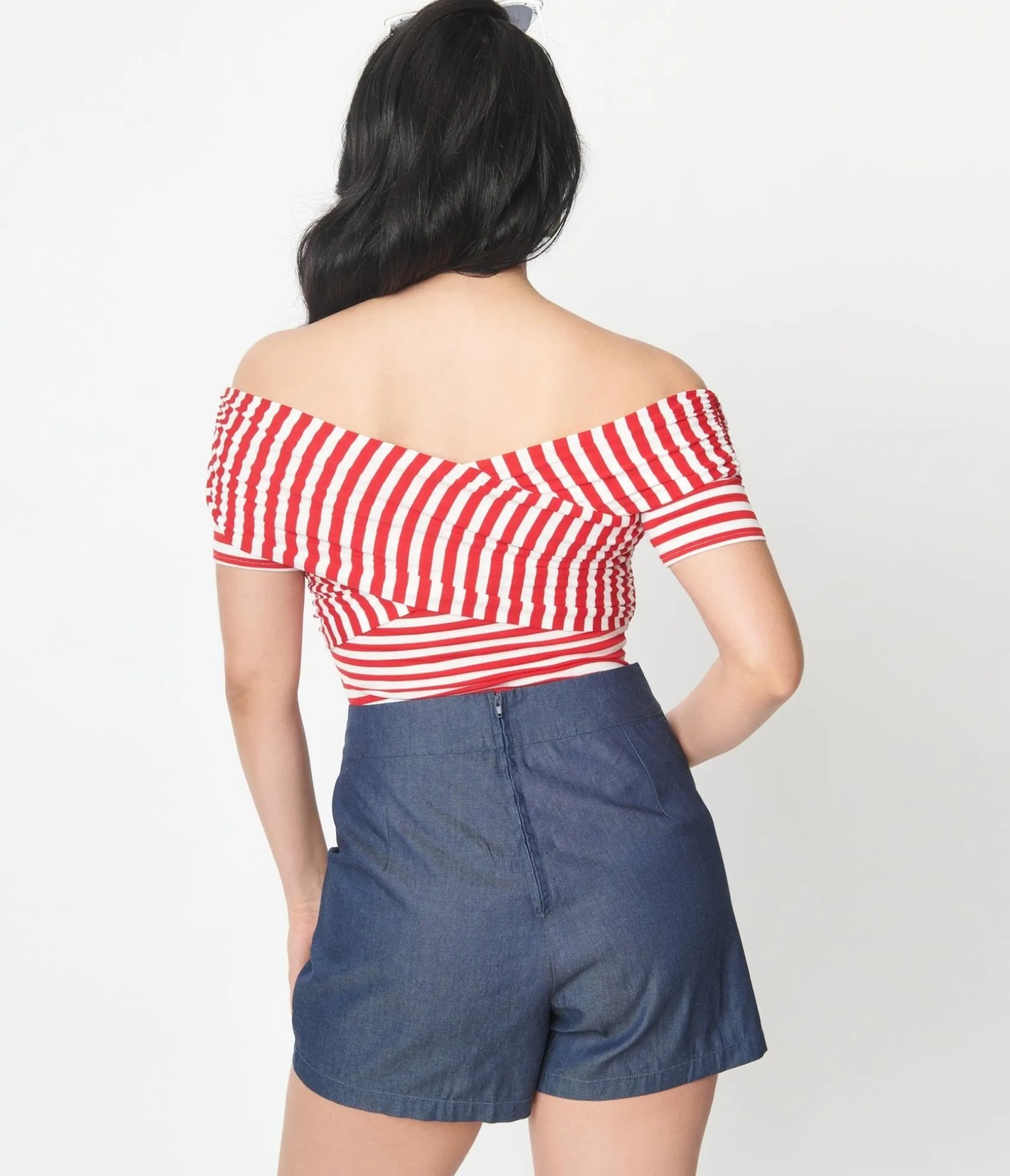 Unique Vintage Red & White Striped Off Shoulder Daydreamer Bodysuit Clearance