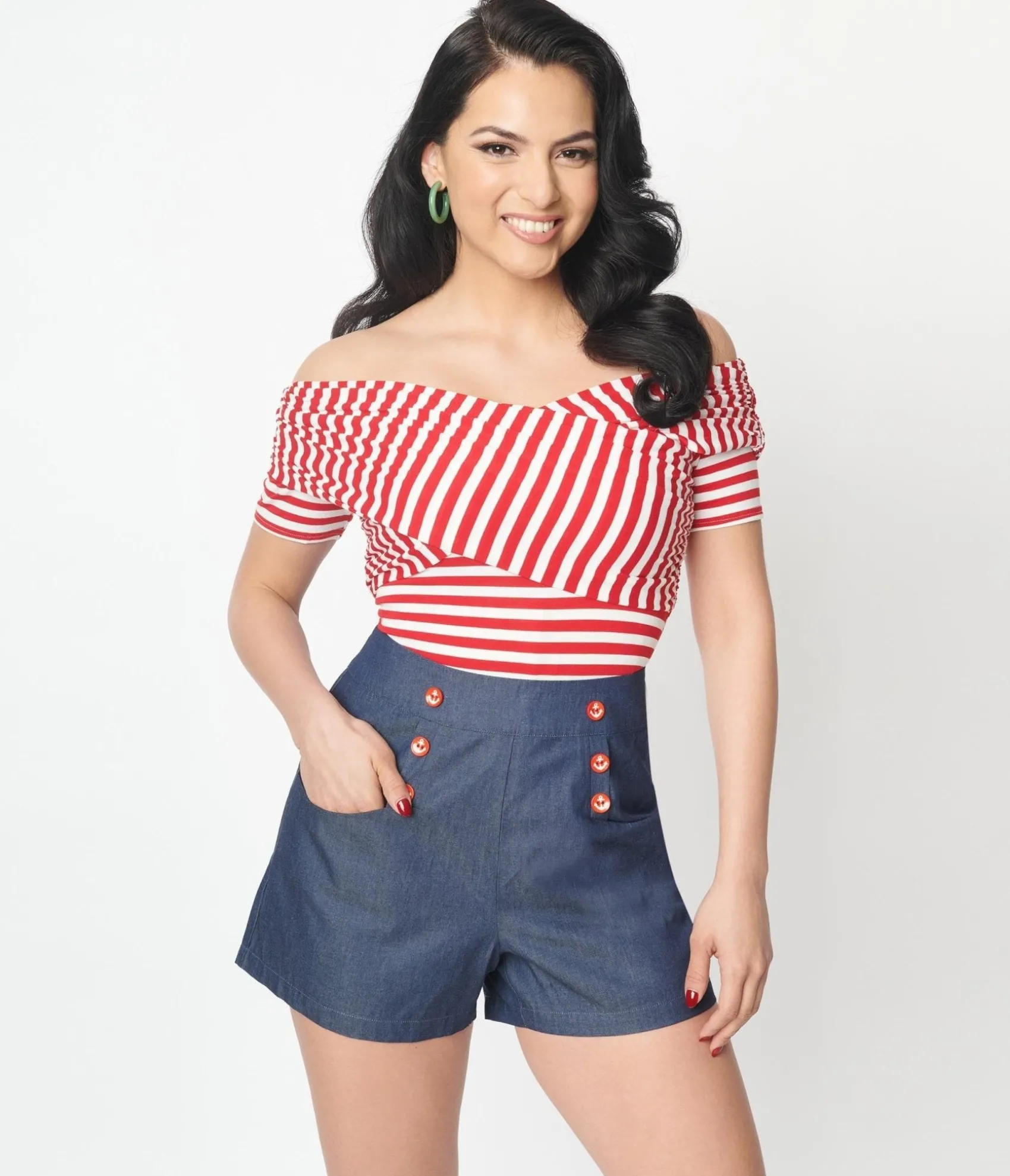 Unique Vintage Red & White Striped Off Shoulder Daydreamer Bodysuit Clearance