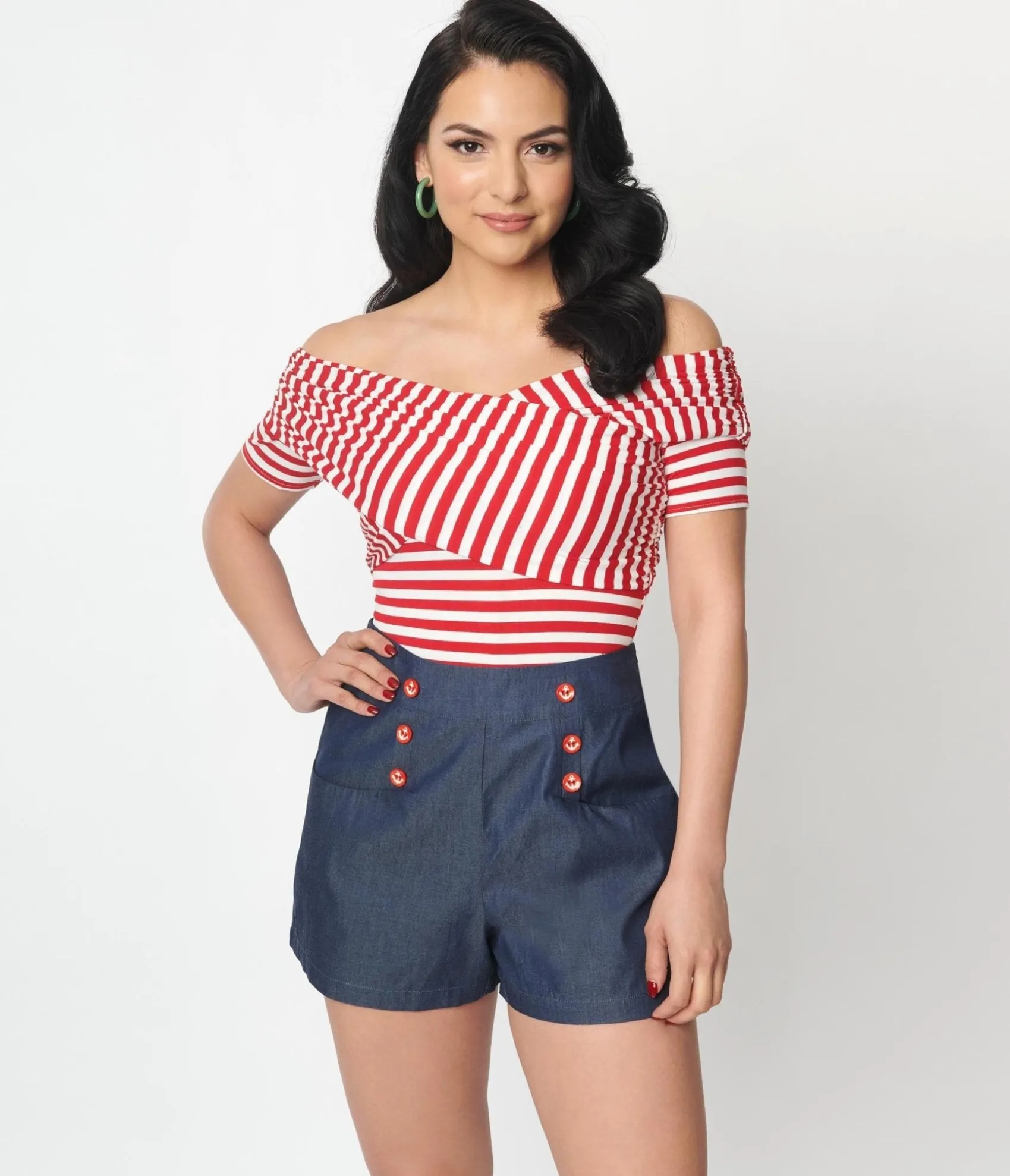 Unique Vintage Red & White Striped Off Shoulder Daydreamer Bodysuit Clearance