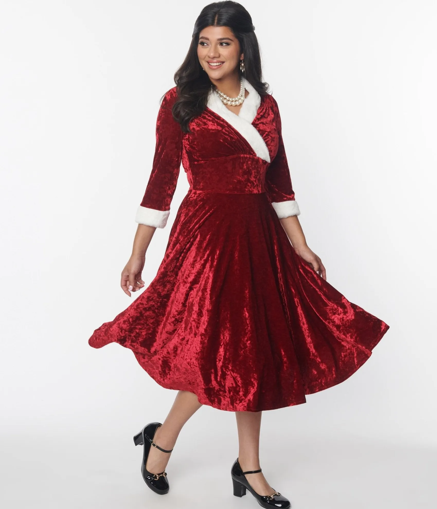 Unique Vintage Red Crushed Velvet & Ivory Fur Delores Swing Dress Cheap