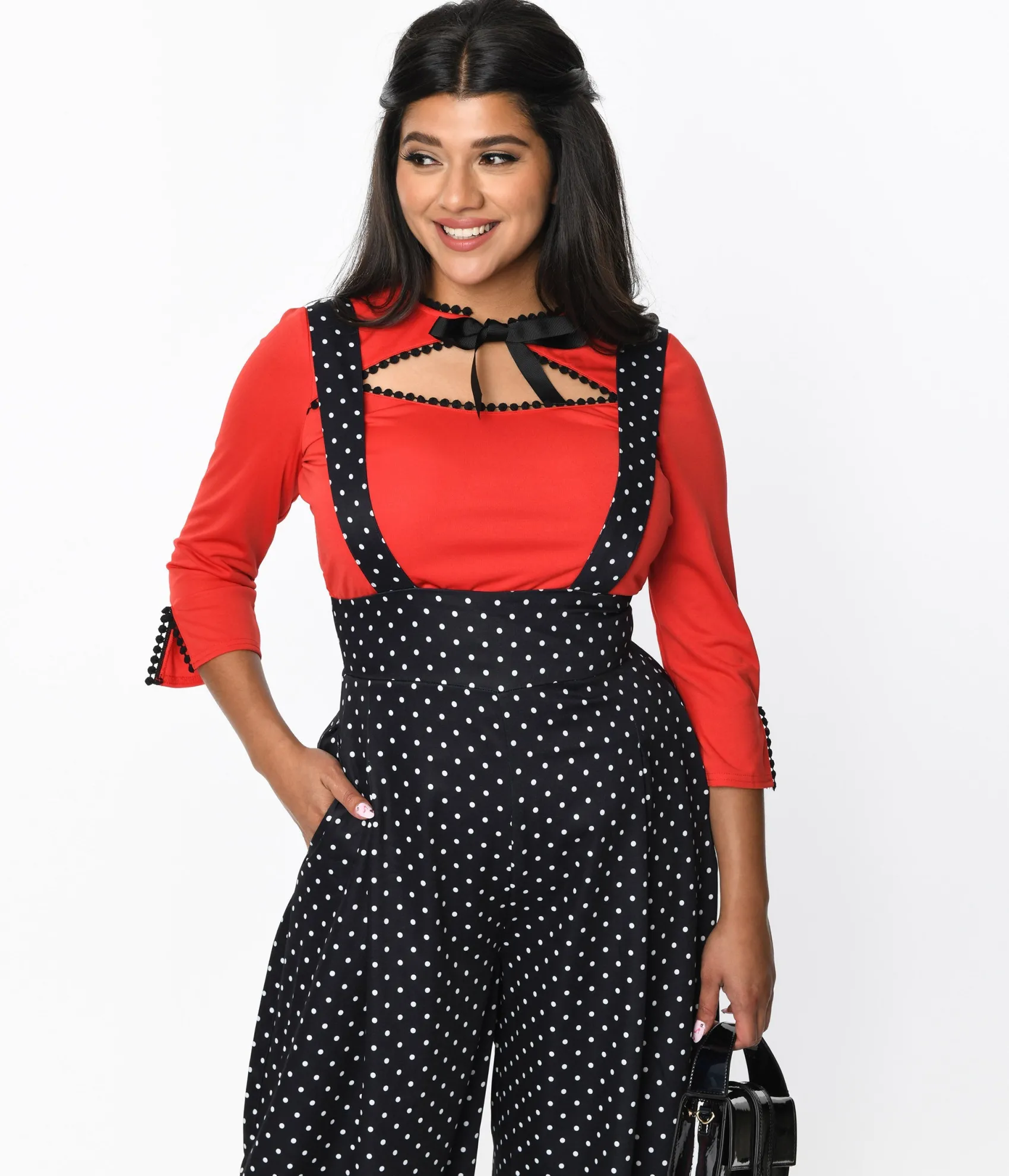 Unique Vintage Red Cutout Neck Tie Top Hot