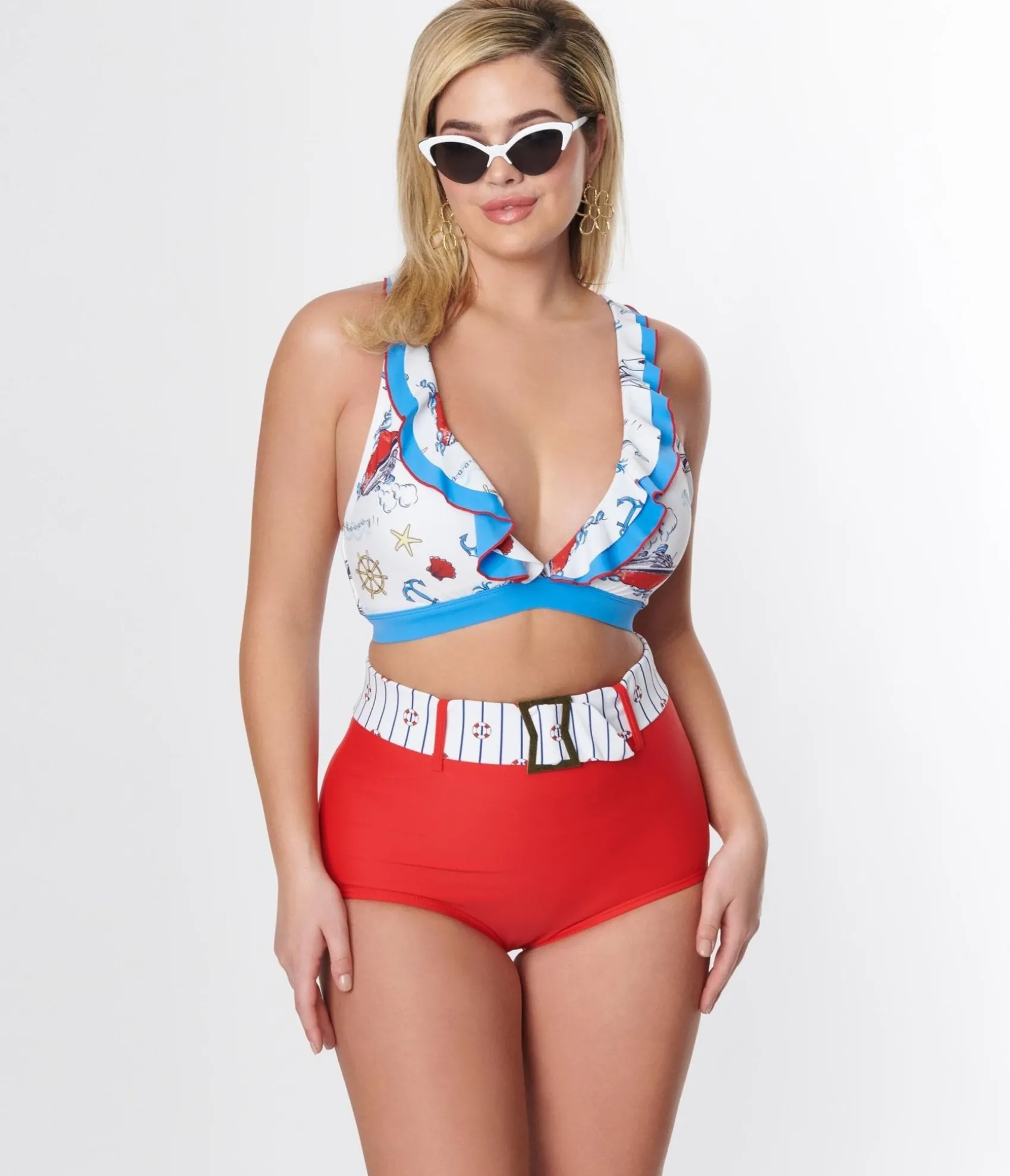 Unique Vintage Red High Waist Belted Swim Bottom Cheap