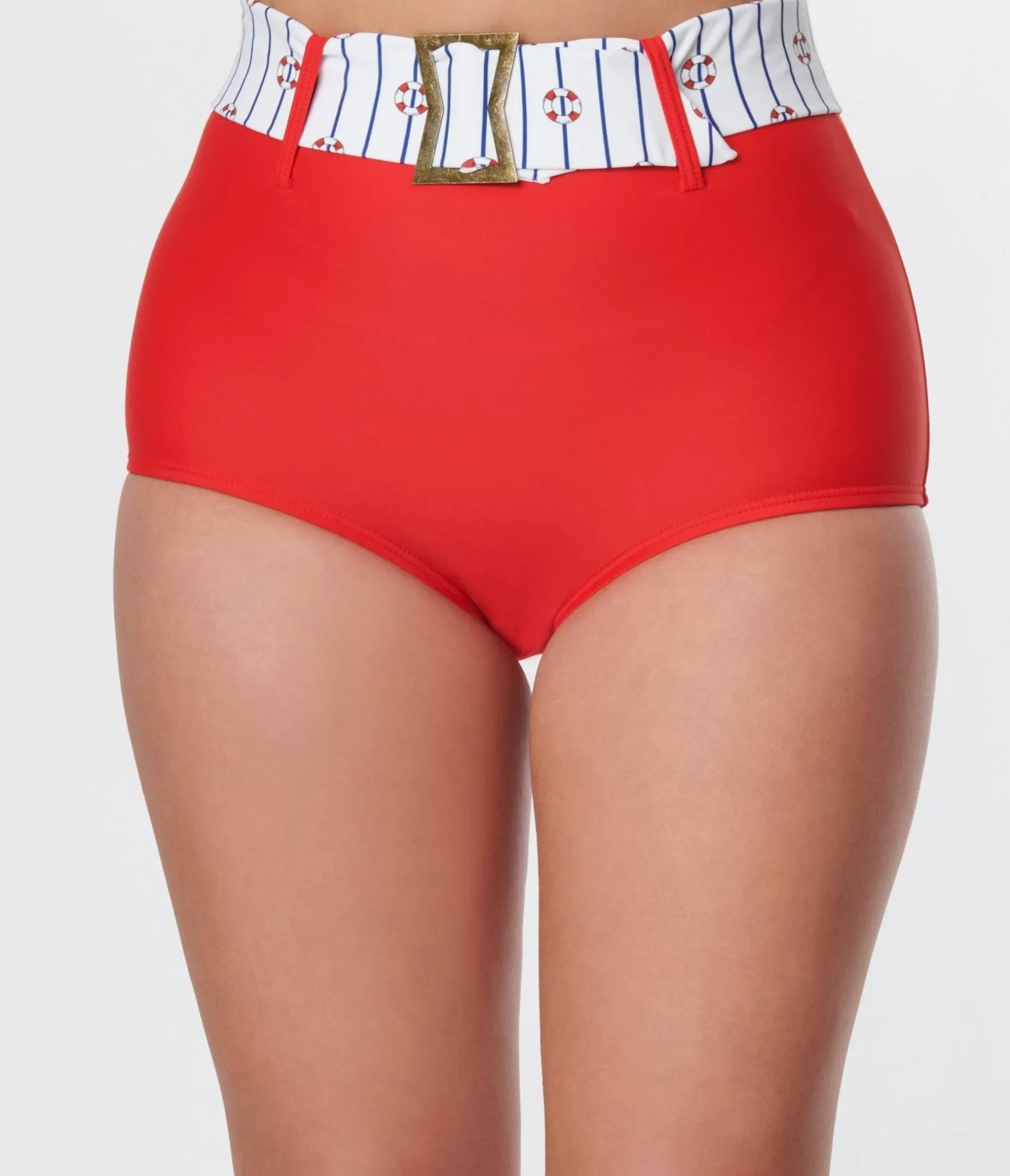 Unique Vintage Red High Waist Belted Swim Bottom Cheap