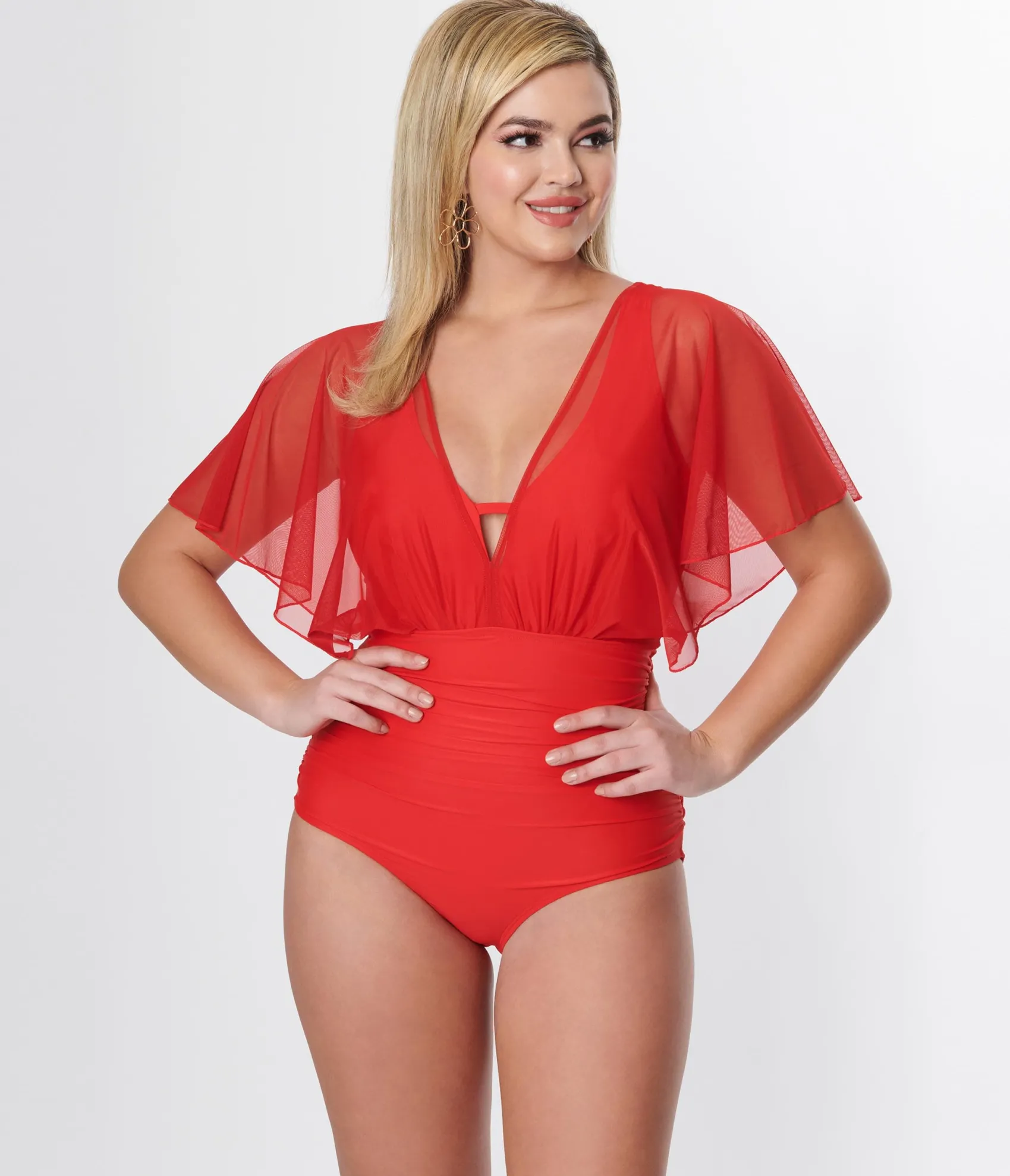 Unique Vintage Red Mesh Sleeved Torrey Swimsuit Fashion