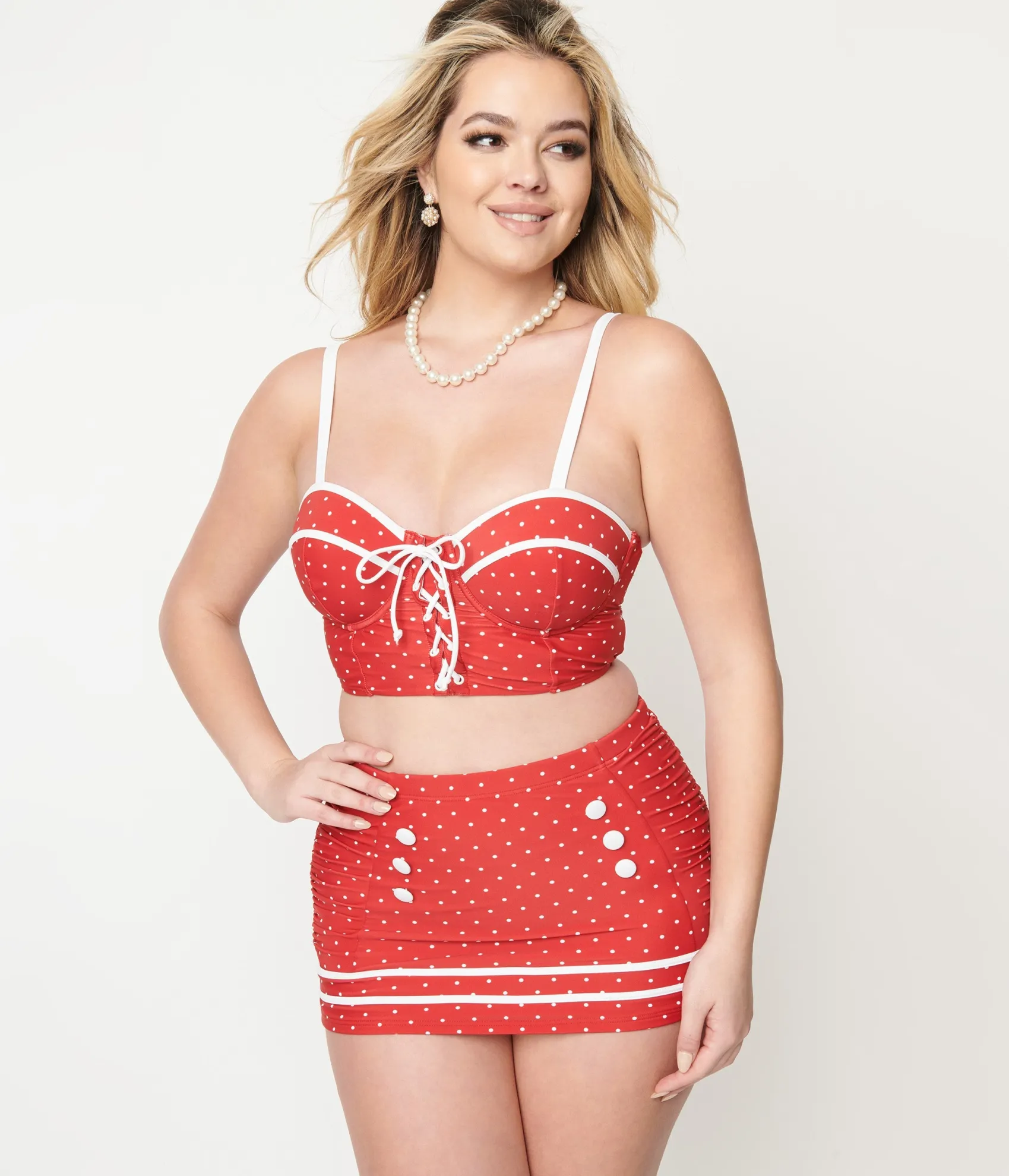 Unique Vintage Red Pin Dot Lace Up Swim Top Cheap