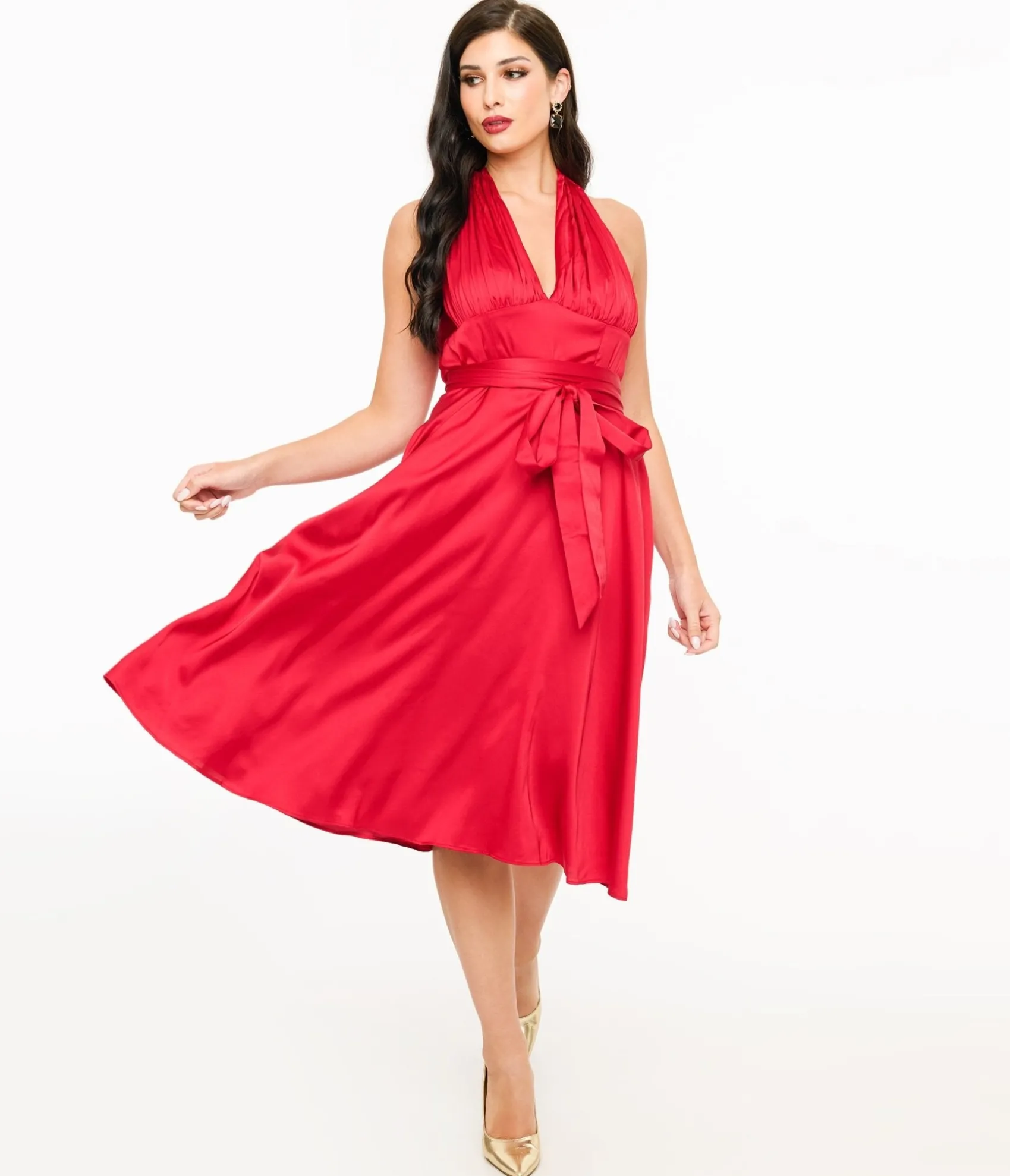 Unique Vintage Red Satin Halter Swing Dress Fashion