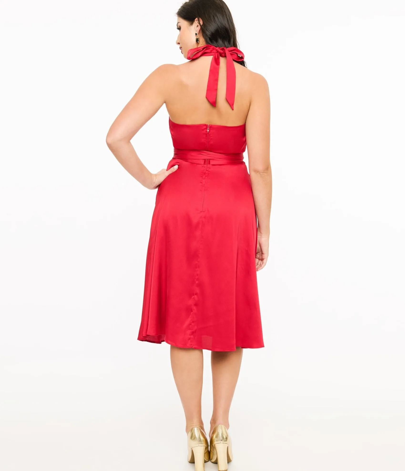 Unique Vintage Red Satin Halter Swing Dress Fashion