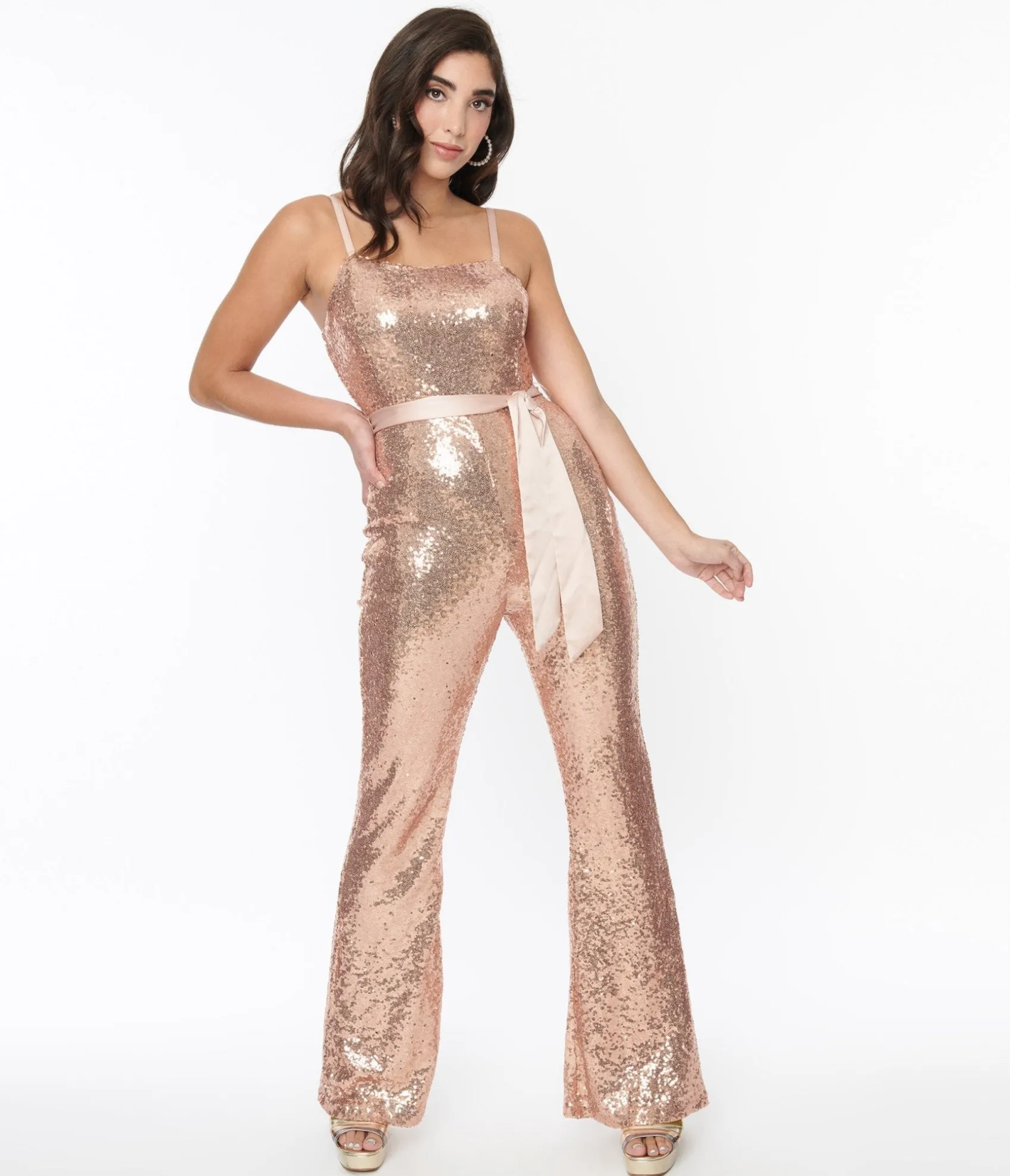 Unique Vintage Rose Gold Sequin Flare Jumpsuit Sale