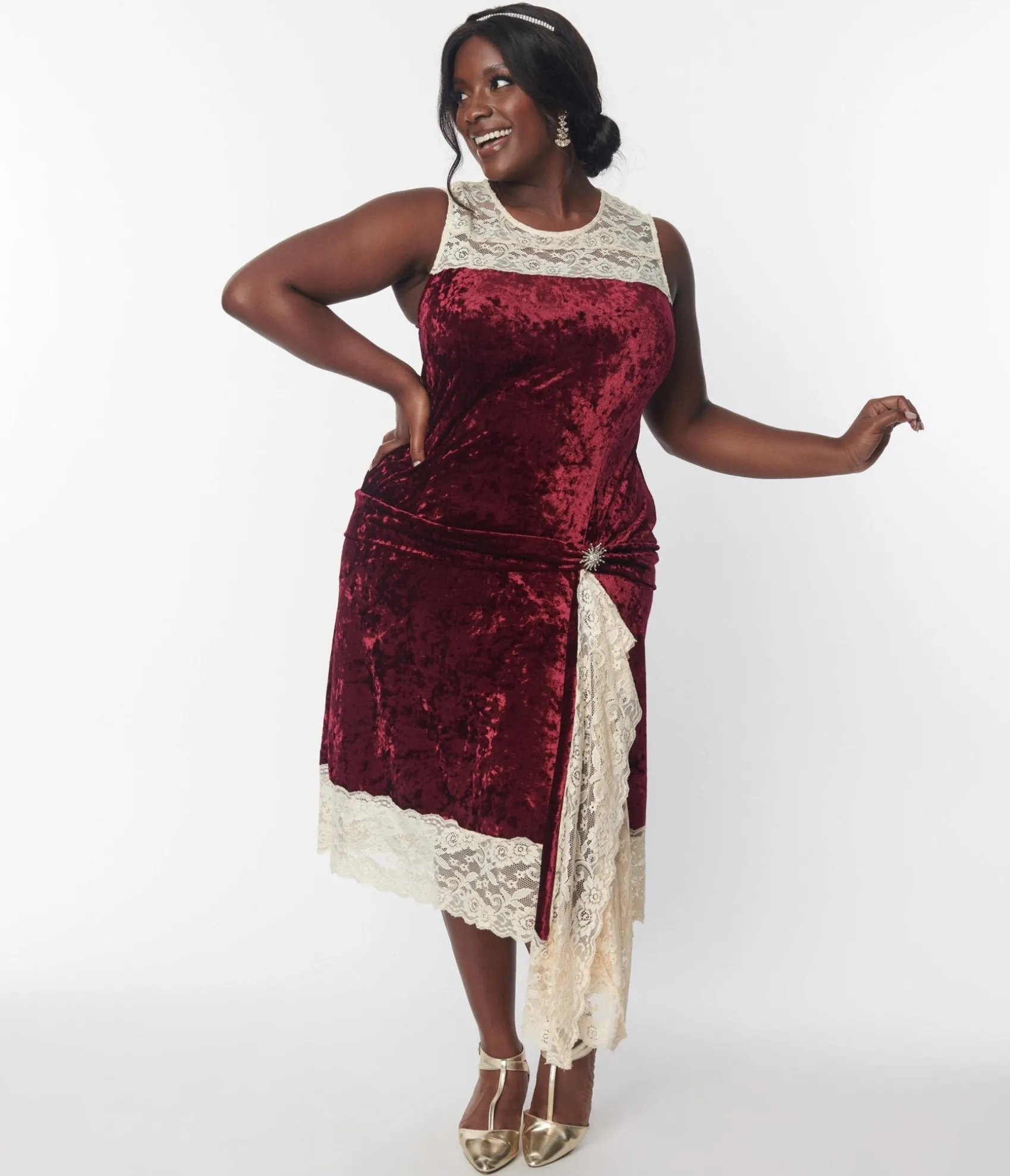 Unique Vintage 1920s Burgundy Crushed Velvet & Ivory Lace Flapper Dress Best