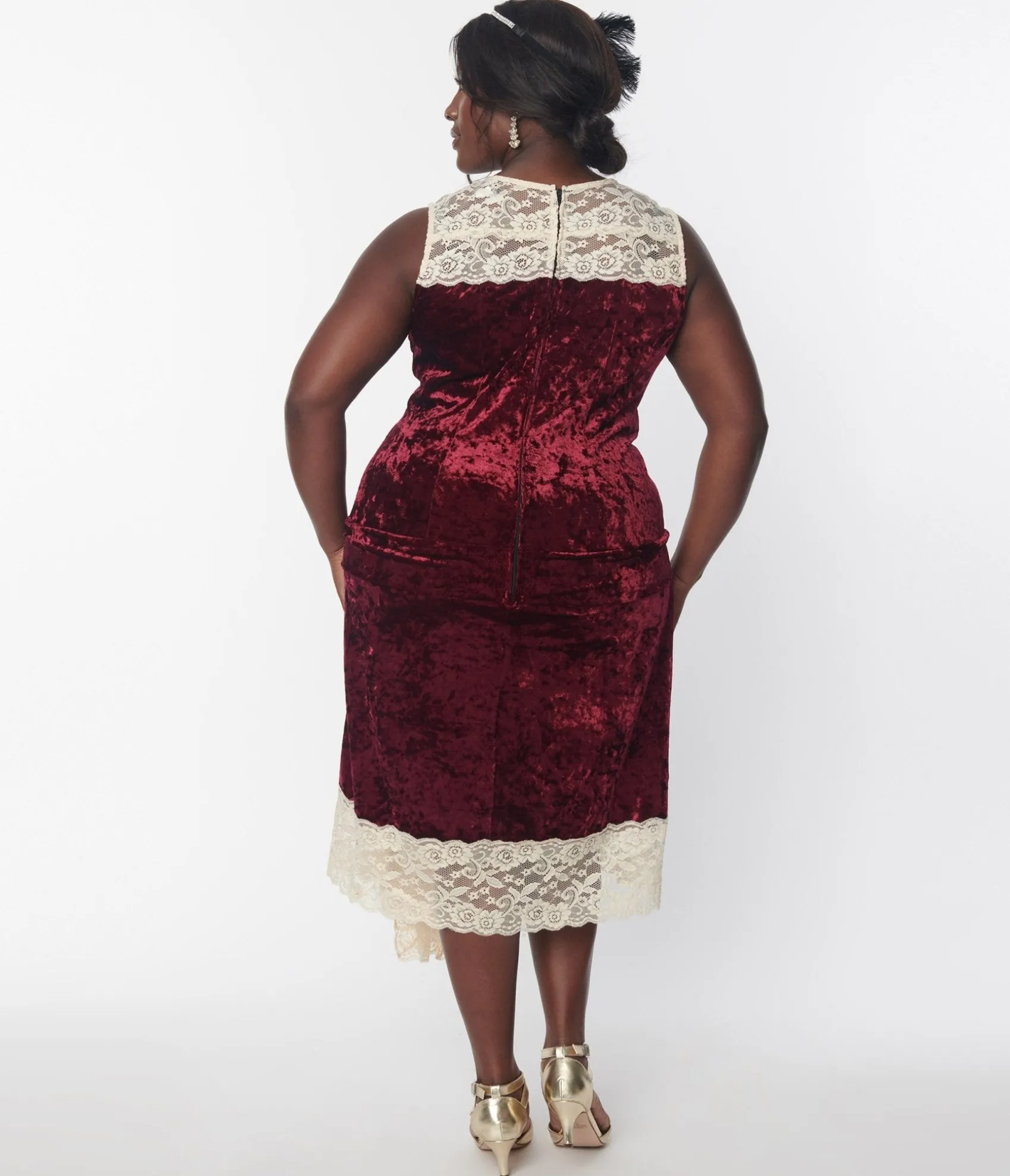Unique Vintage 1920s Burgundy Crushed Velvet & Ivory Lace Flapper Dress Best