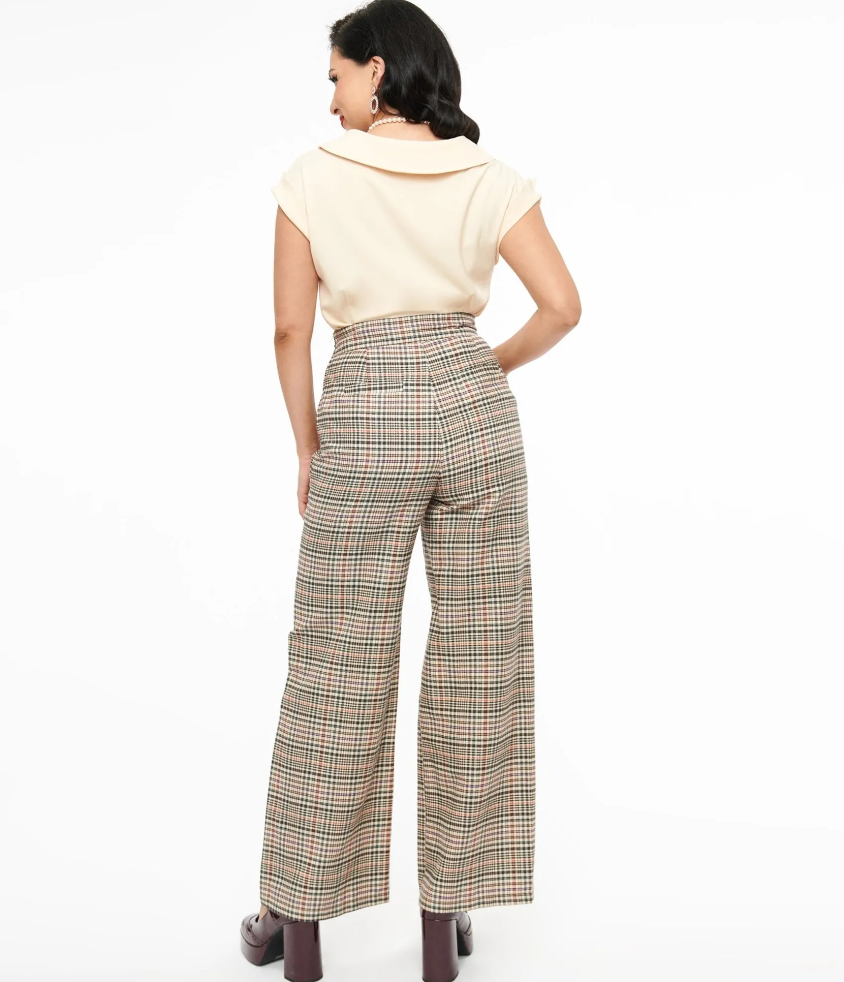 Unique Vintage 1940s Beige Plaid High Waist Sailor Ginger Pants Fashion