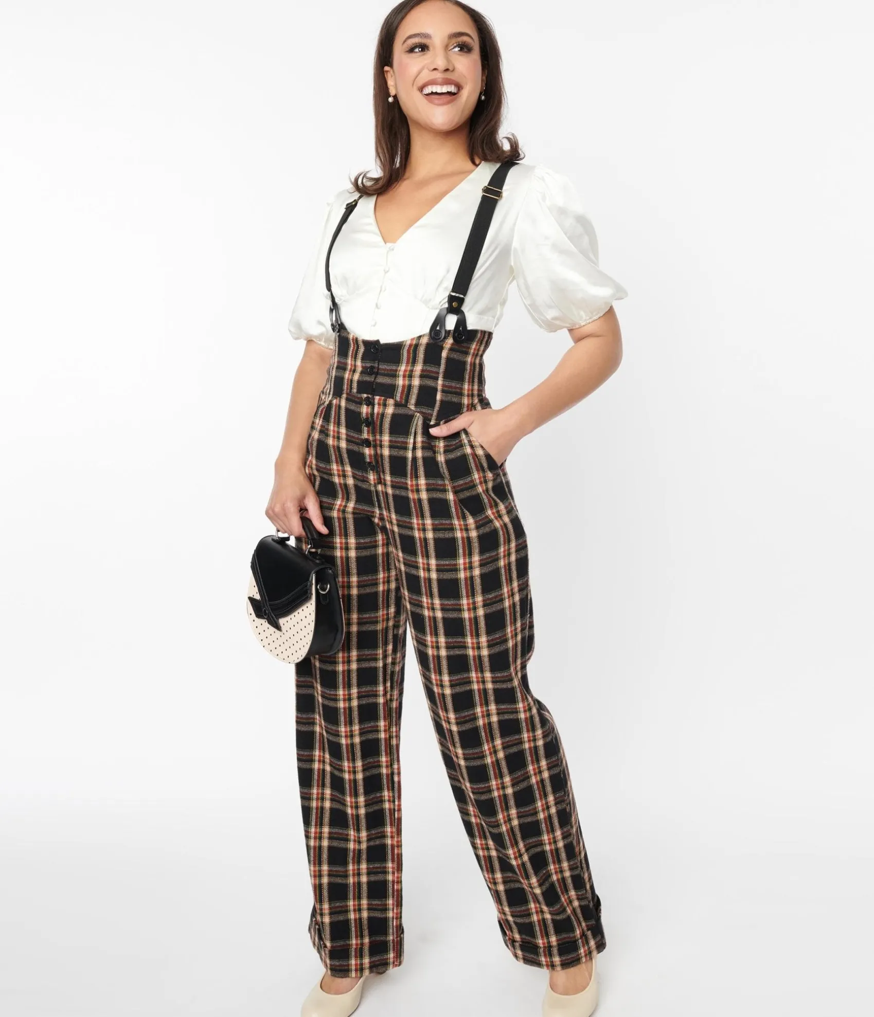 Unique Vintage 1930s Black & Auburn Plaid Thelma Suspender Pants Outlet