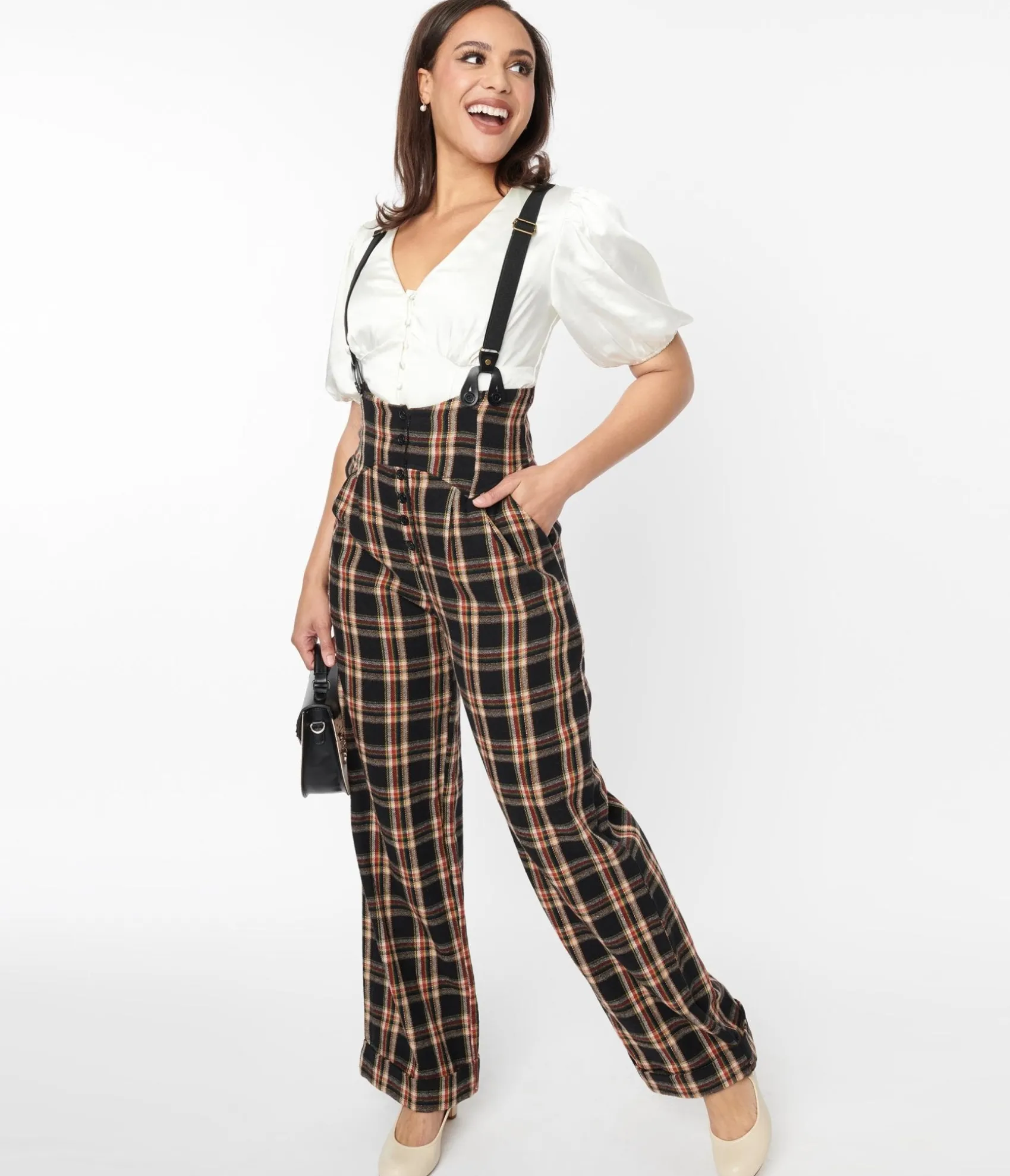 Unique Vintage 1930s Black & Auburn Plaid Thelma Suspender Pants Outlet