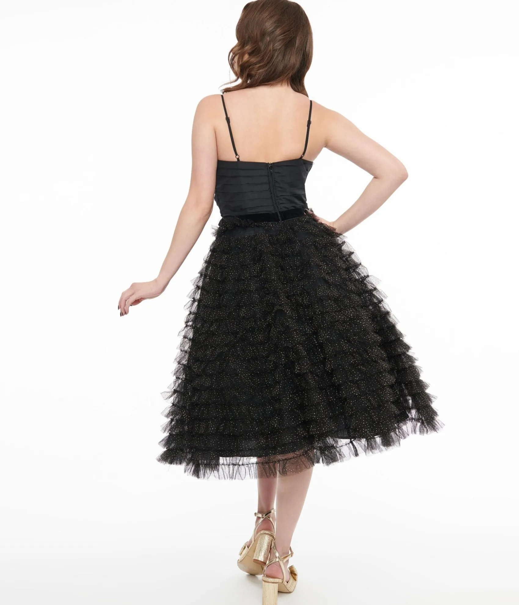 Unique Vintage 1950s Black & Gold Glitter Tulle Cupcake Swing Dress Discount