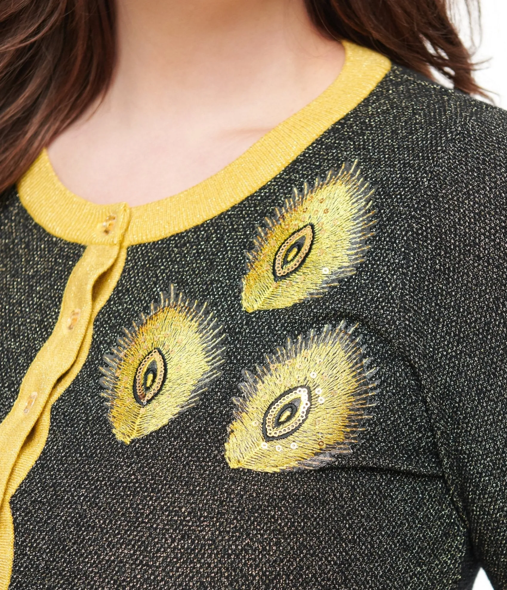 Unique Vintage 1950s Black & Gold Peacock Feather Embroidered Bookworm Cardigan Sale