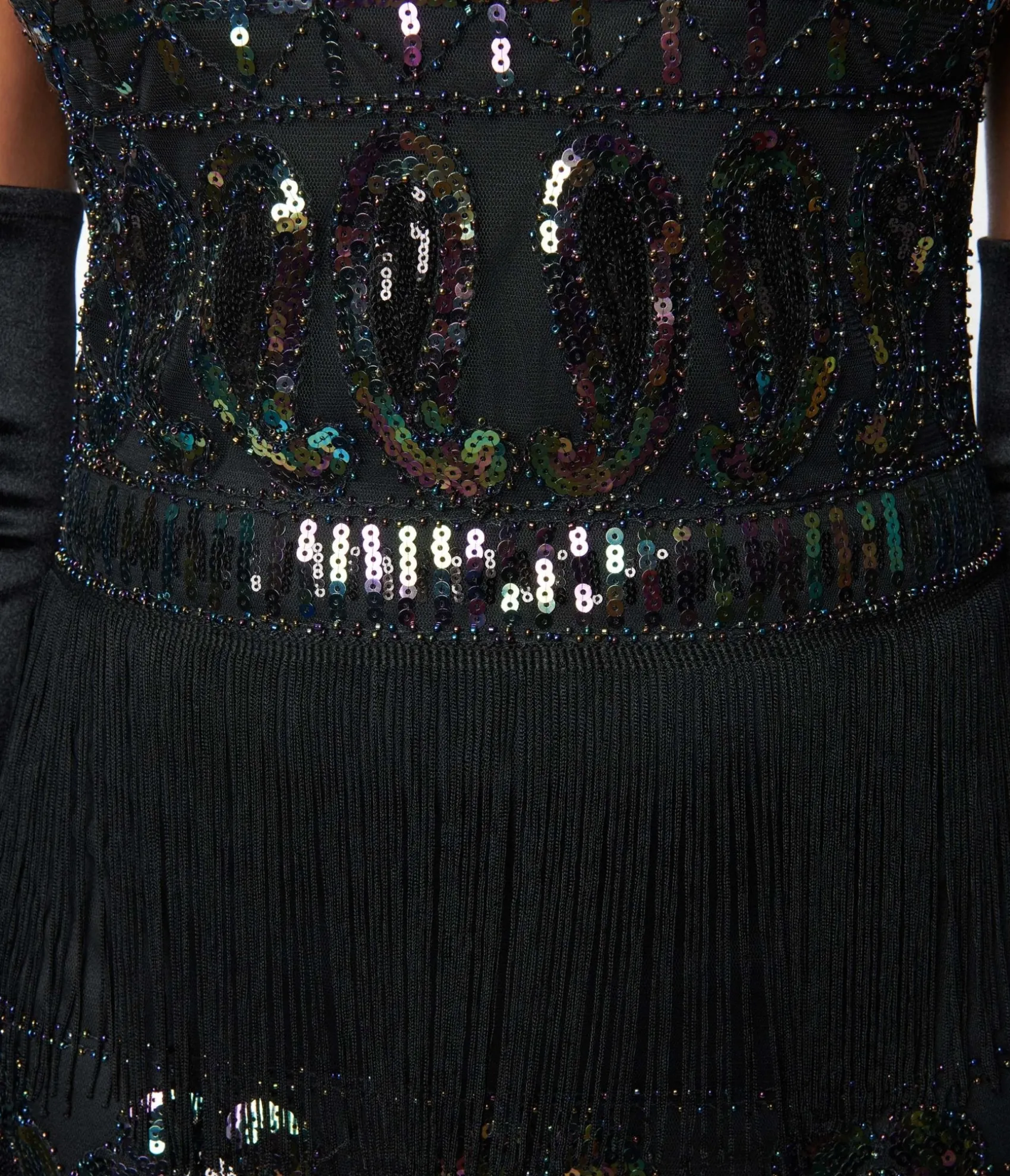 Unique Vintage 1920s Black & Iridescent Sequin Sleeveless Flapper Dress Clearance