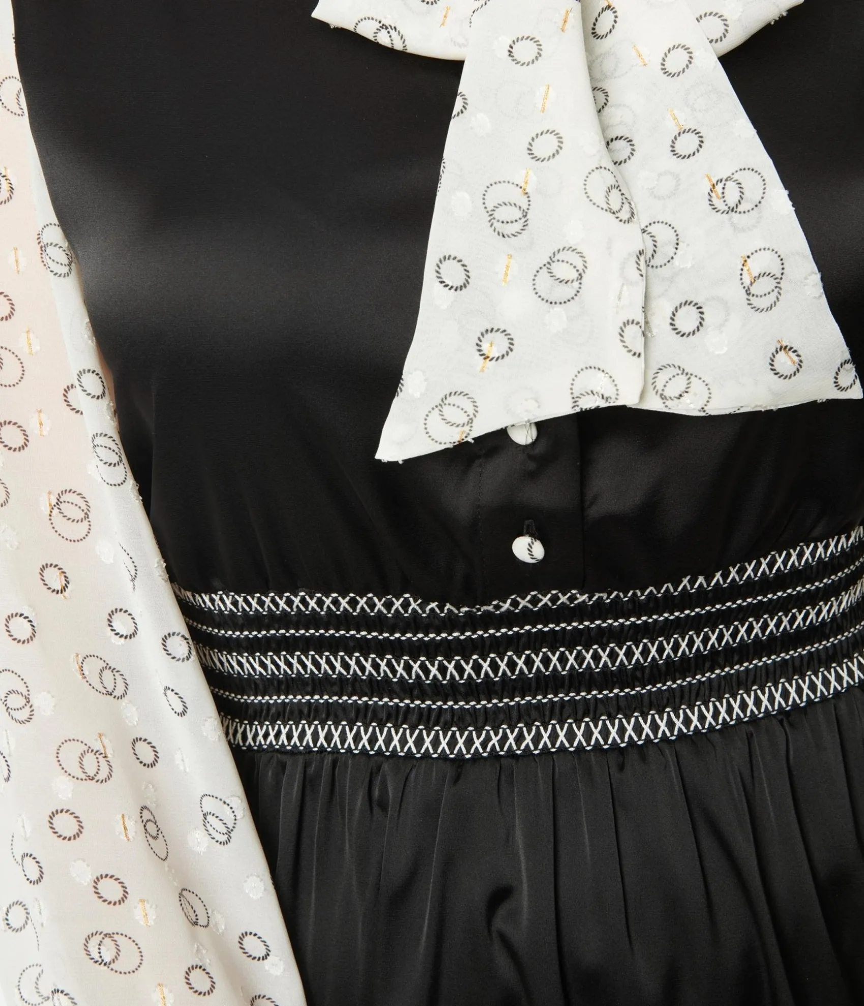 Unique Vintage 1970s Black & Ivory Neck Tie Flare Dress Shop