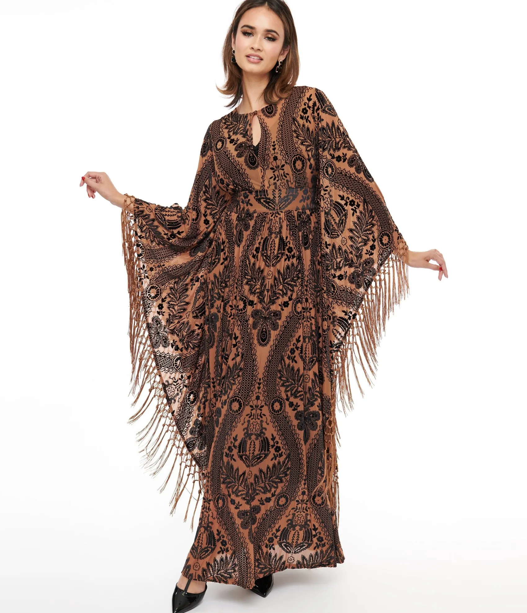 Unique Vintage 1960s Black & Nude Floral Fringe Flutter Sleeve Caftan Sale