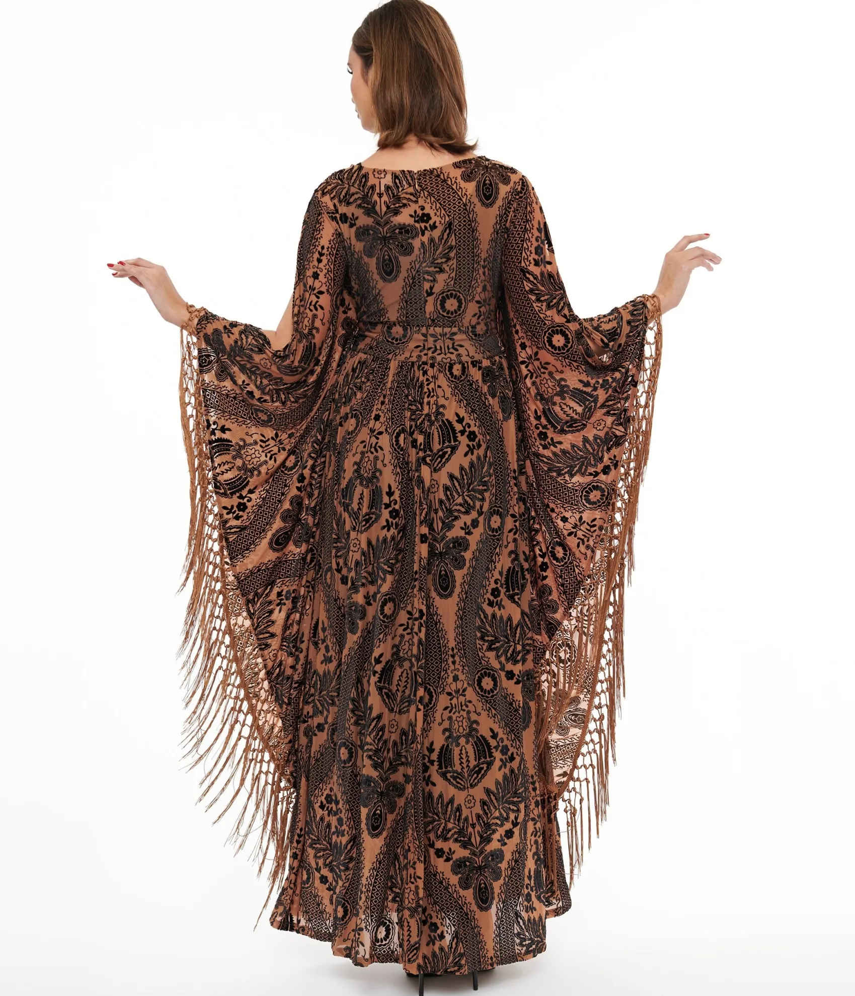 Unique Vintage 1960s Black & Nude Floral Fringe Flutter Sleeve Caftan Sale