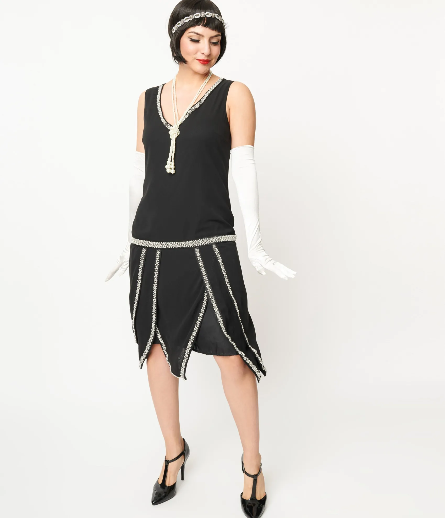 Unique Vintage 1920s Black & Pearl Beaded Petal Flapper Dress Clearance