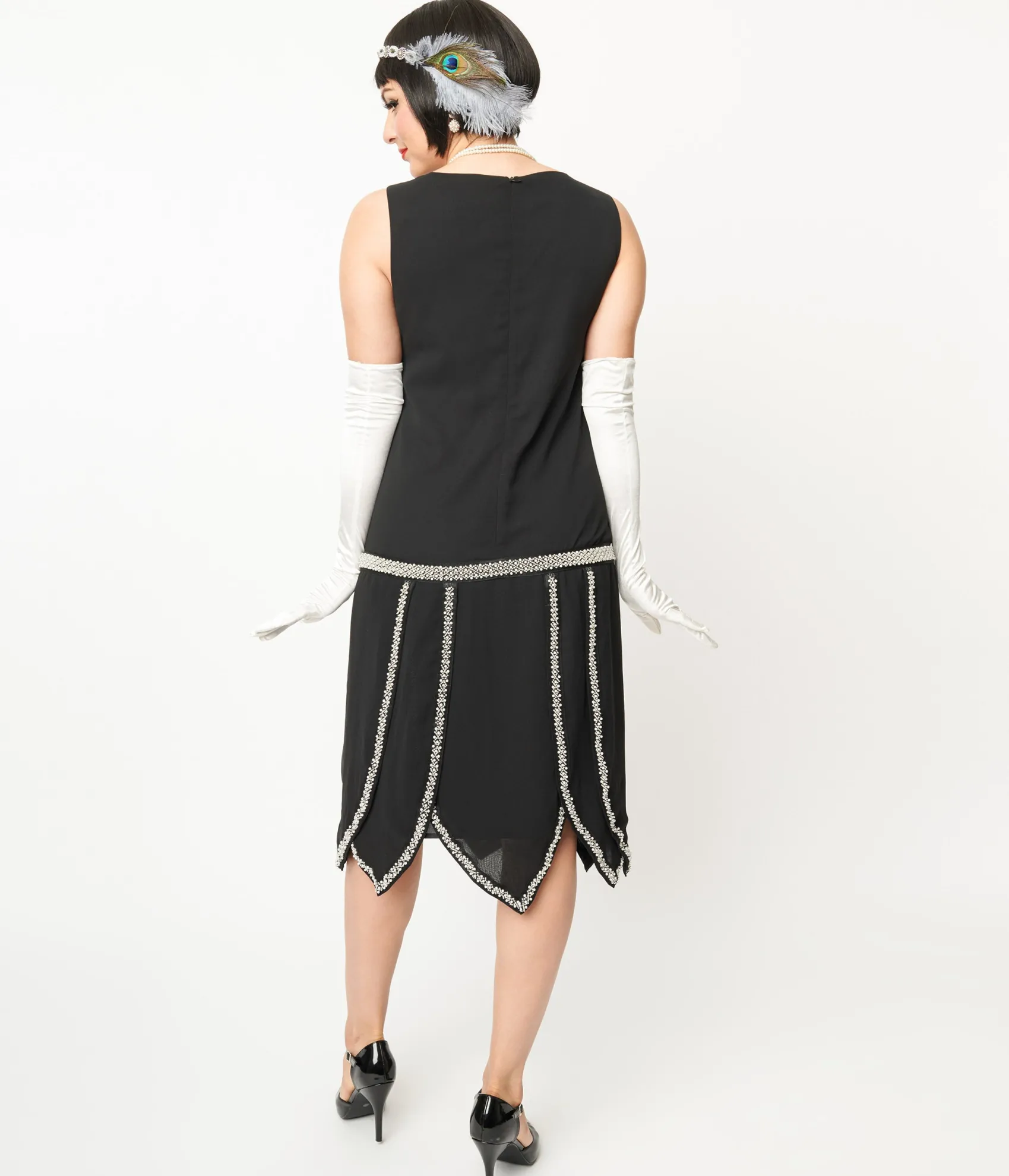 Unique Vintage 1920s Black & Pearl Beaded Petal Flapper Dress Clearance