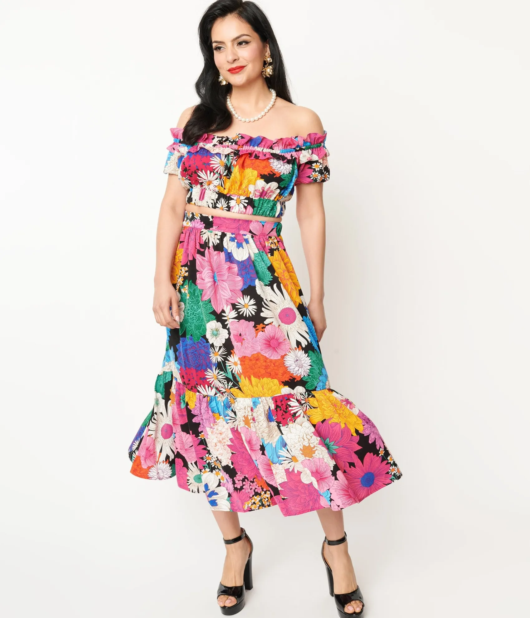 Unique Vintage 1970s Black & Rainbow Floral Midi Skirt Fashion