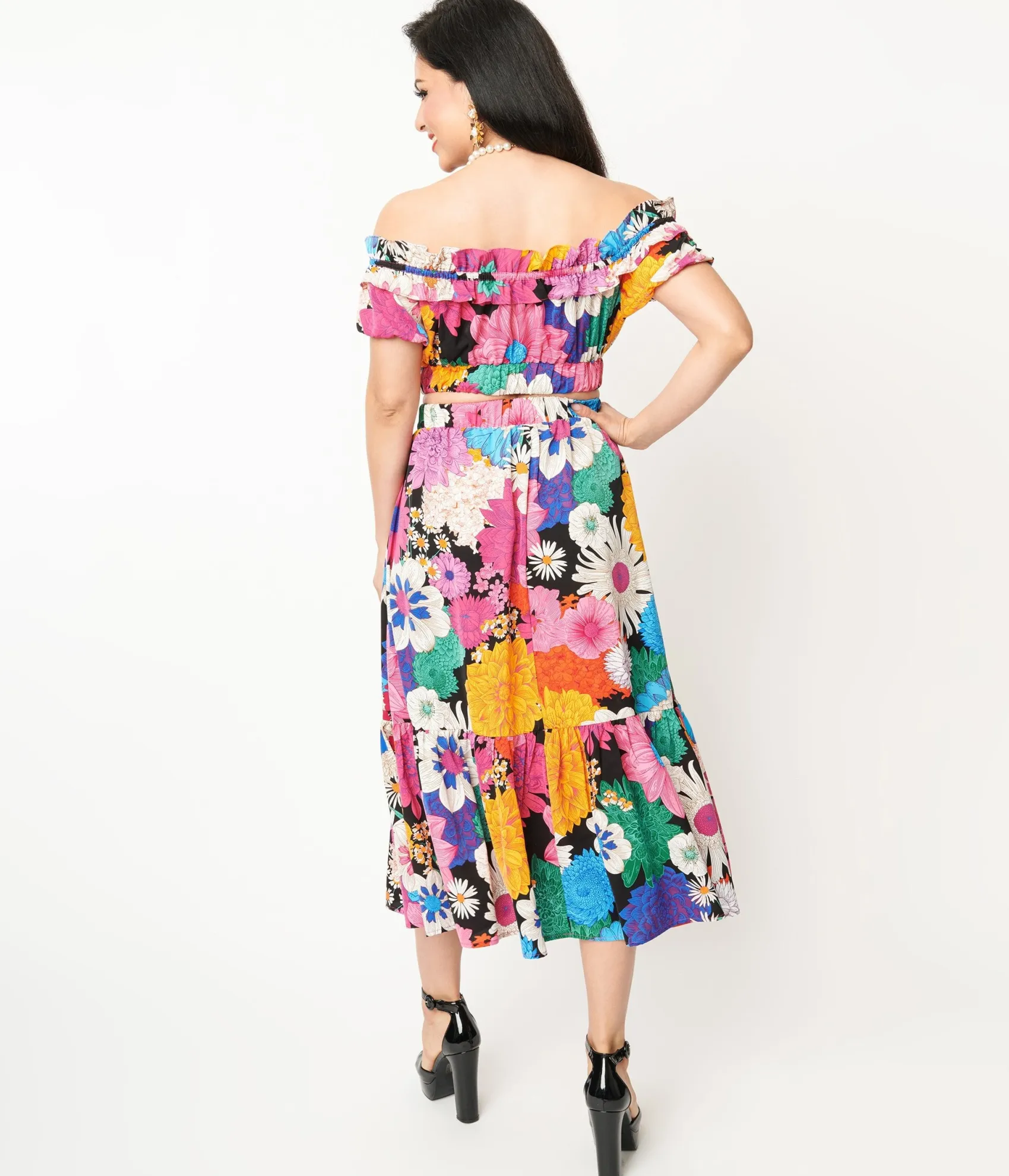 Unique Vintage 1970s Black & Rainbow Floral Midi Skirt Fashion