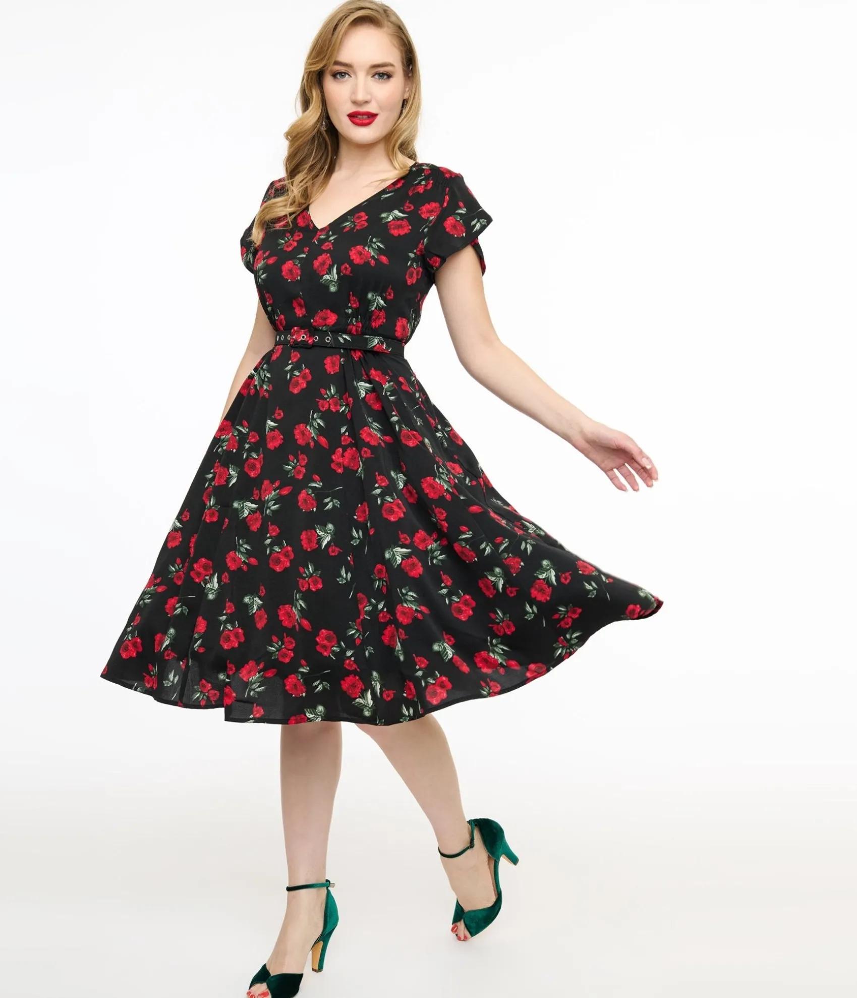 Unique Vintage 1940s Black & Red Floral Print Tulip Sleeve Swing Dress New